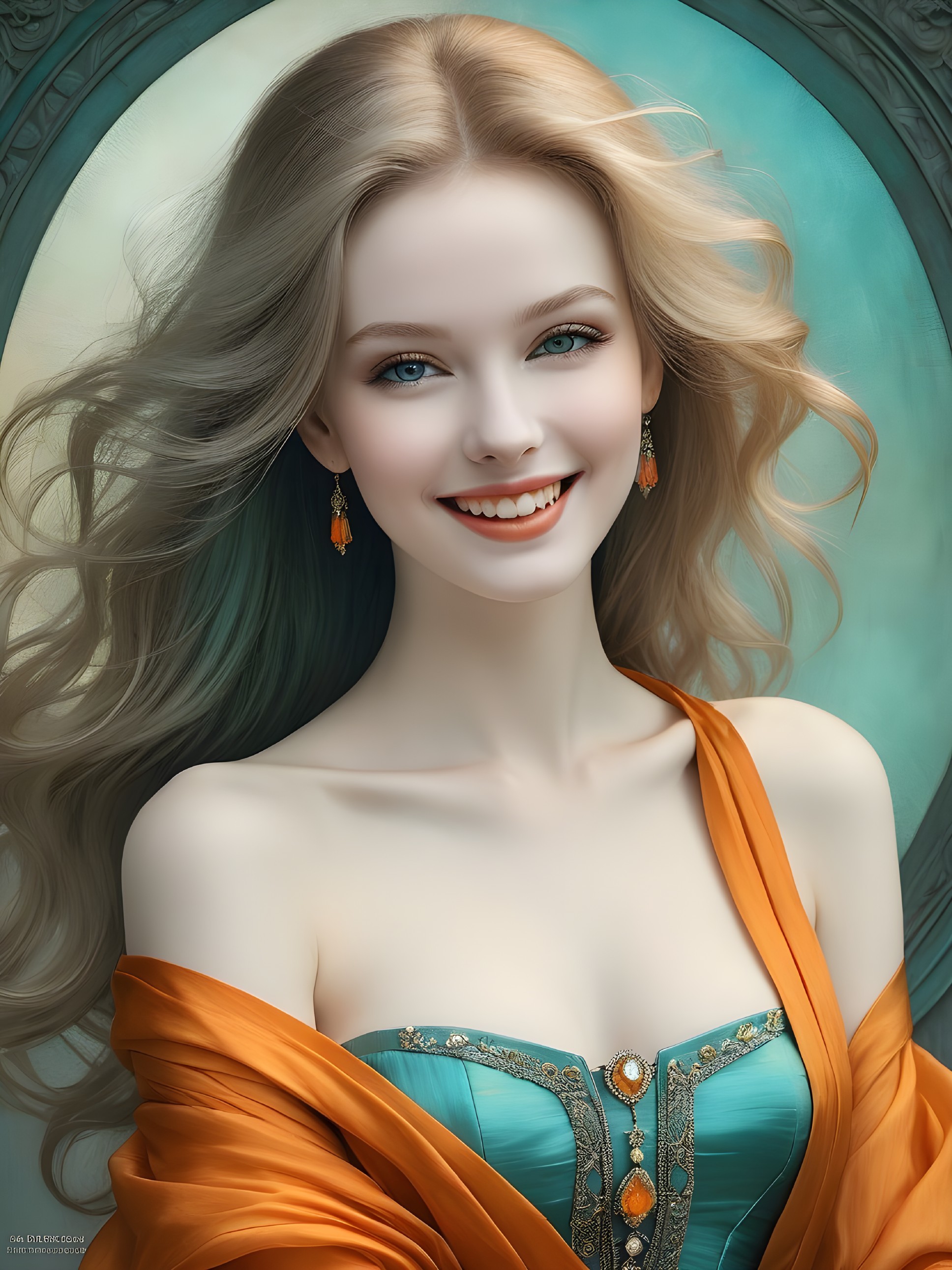 Young Woman in Turquoise Gown with Orange Accents