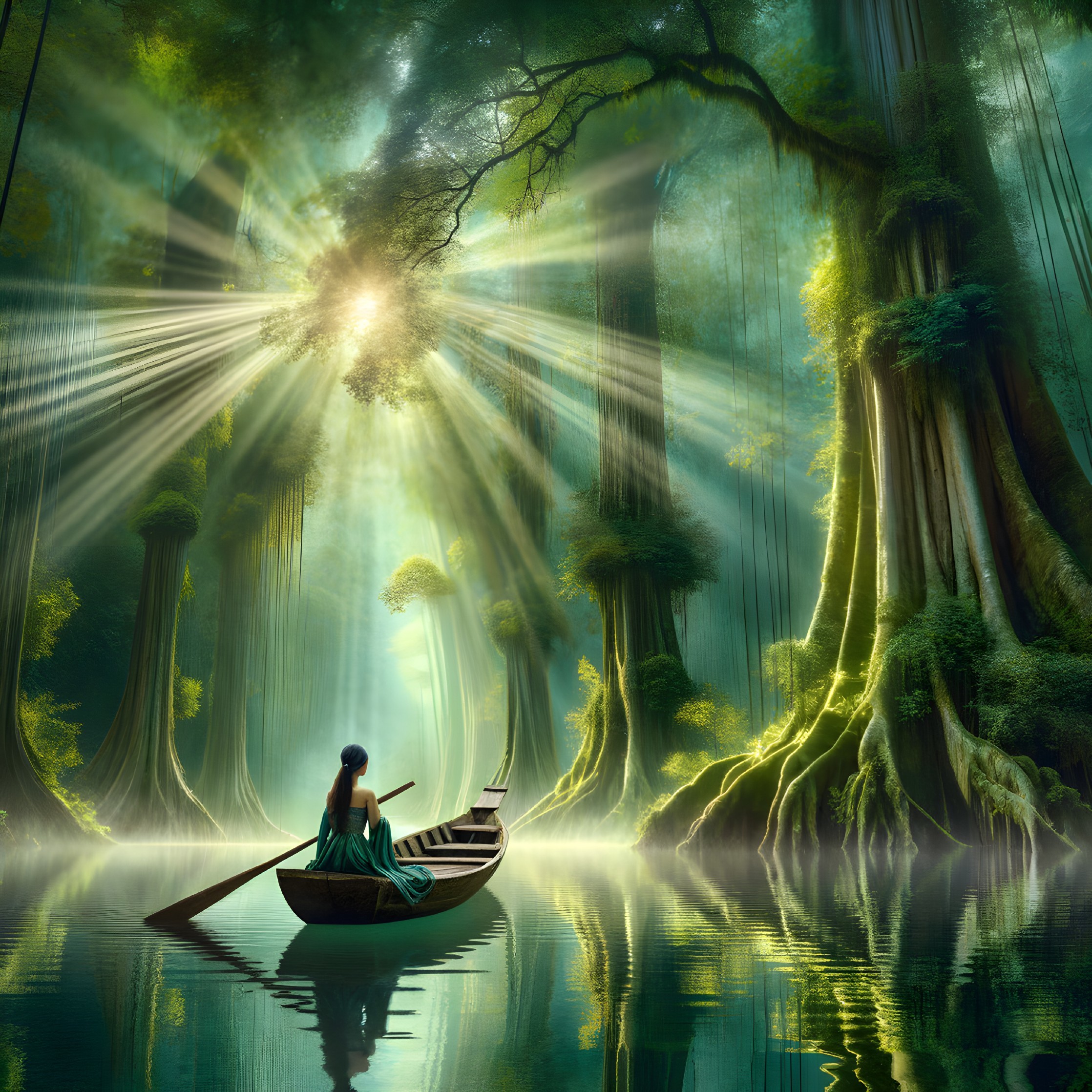 Solitary Canoe in a Mystical Forest Setting
