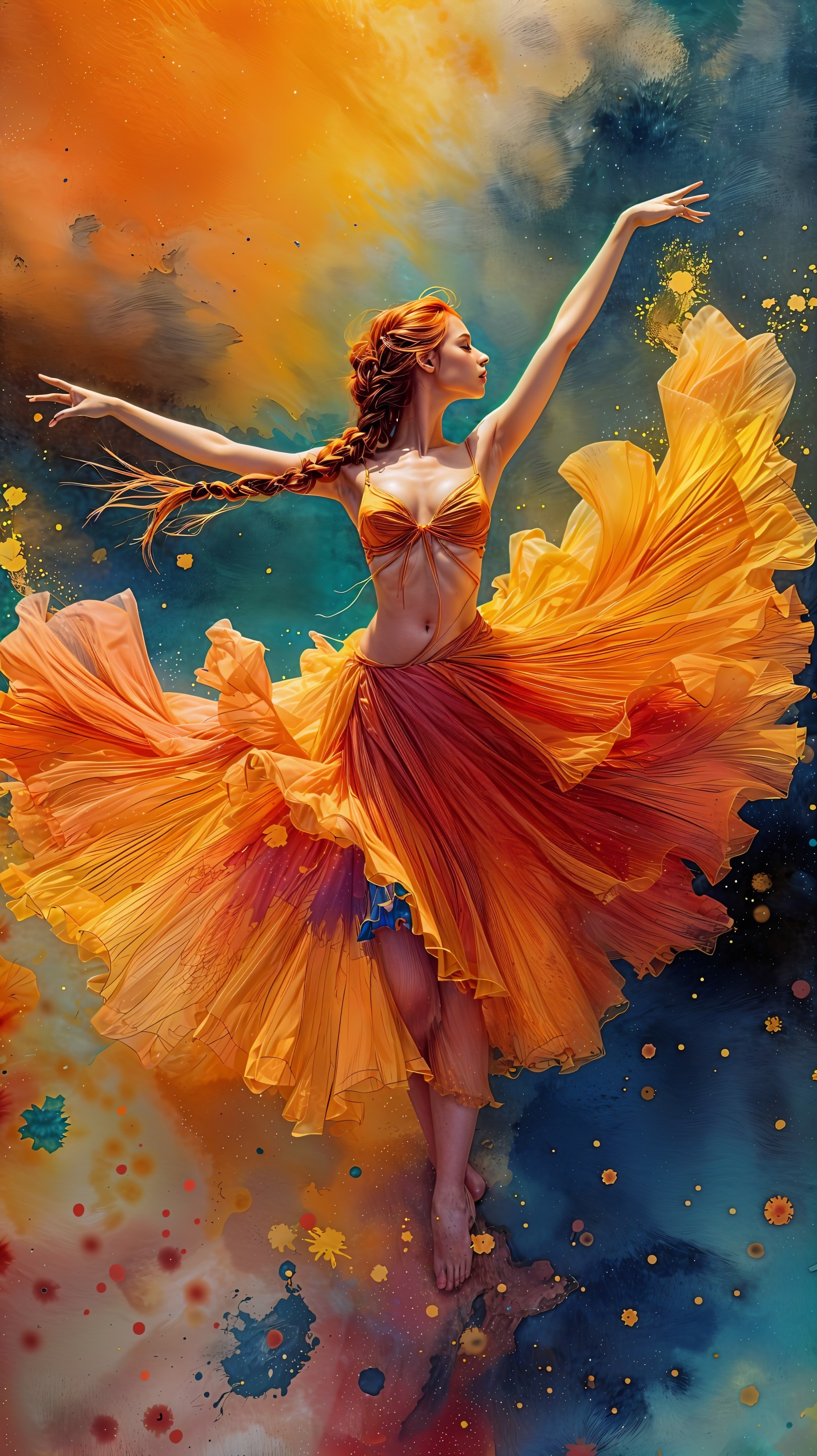 Dancer in Vibrant Dress Against Colorful Abstract Background