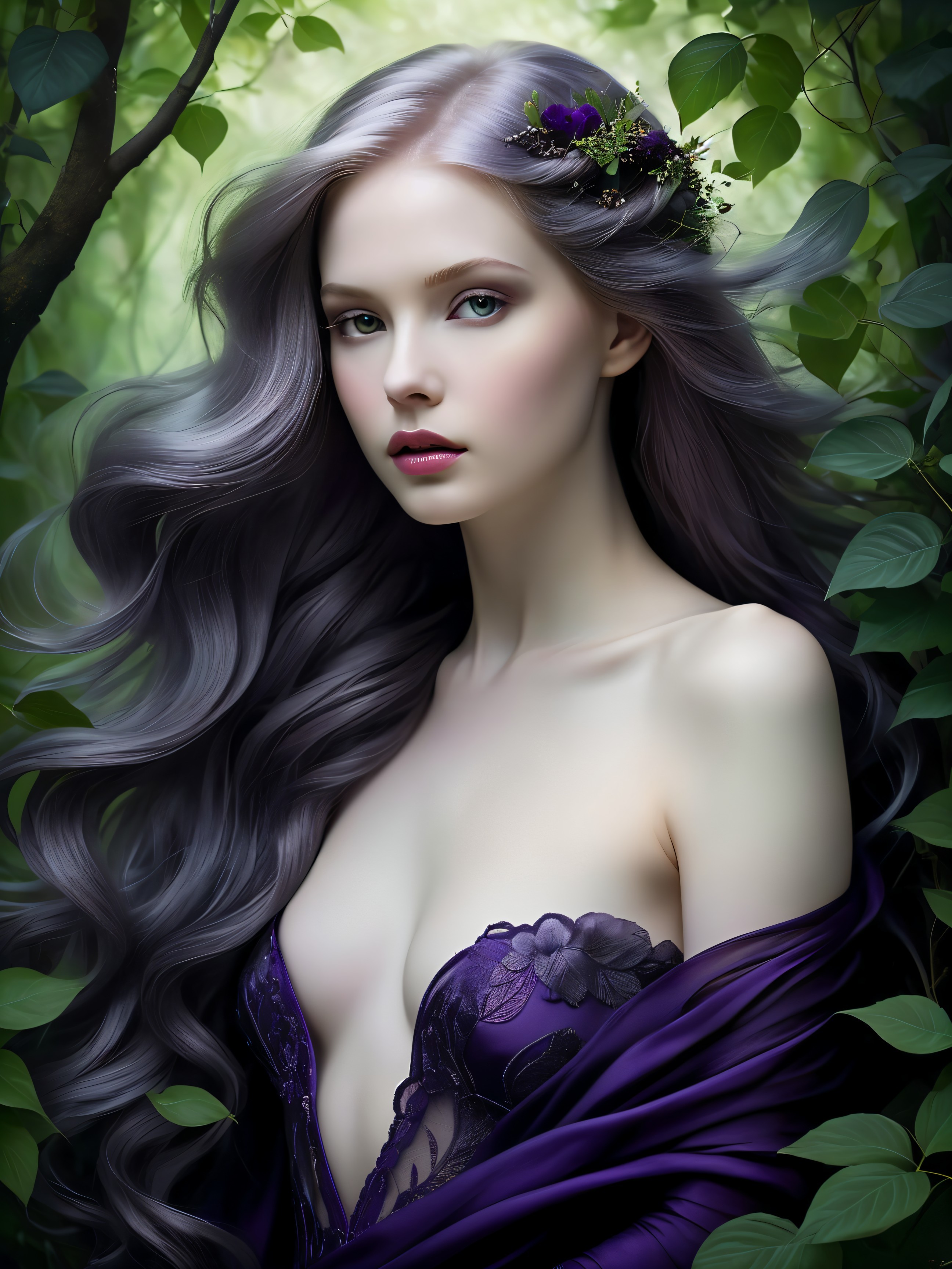 Mystical Woman in Purple Gown with Silver Hair