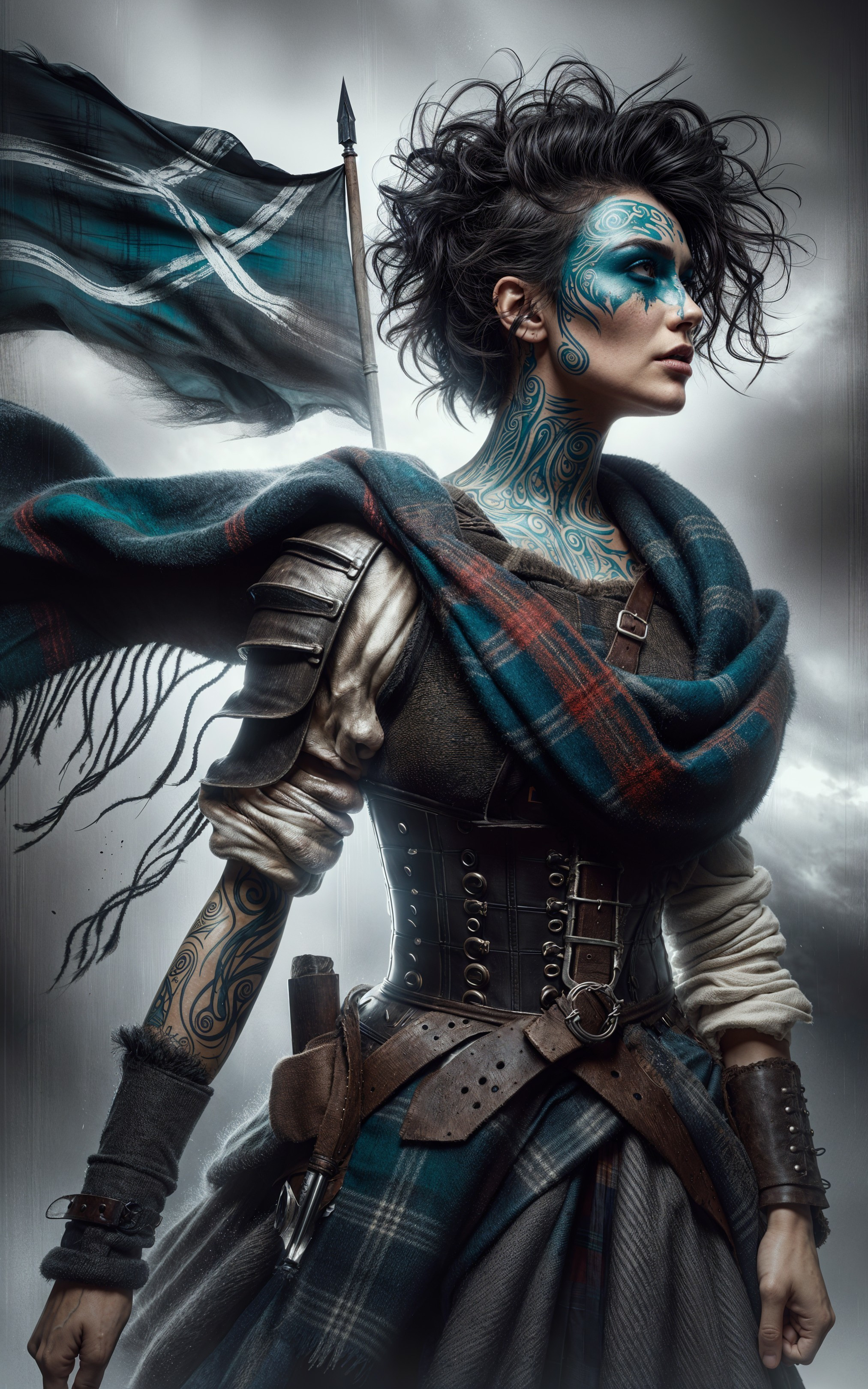 Fierce warrior in plaid shawl with blue tattoos and armor