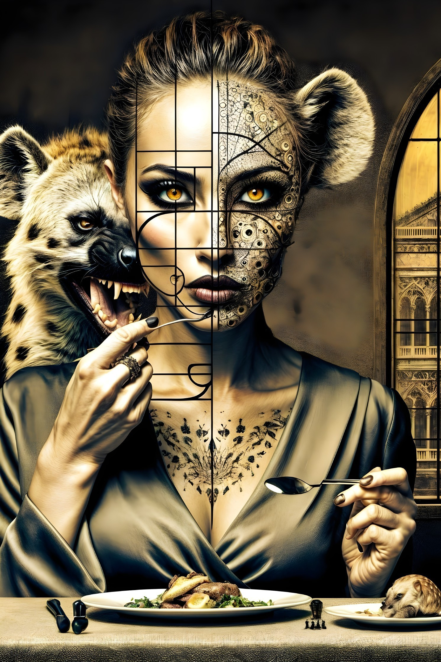 Half-Human, Half-Animal Woman in Ornate Setting