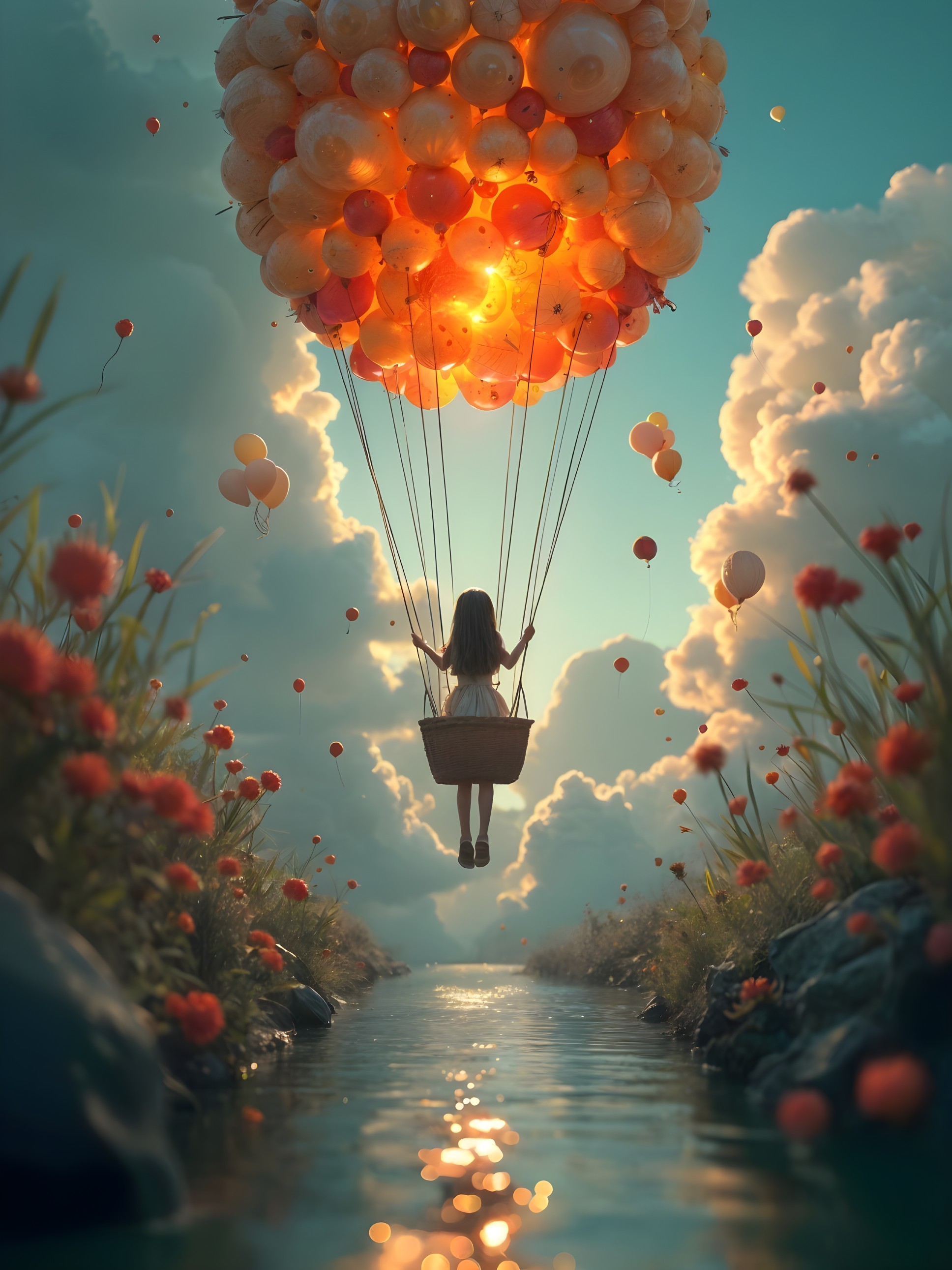 Girl in a basket lifted by colorful balloons over river