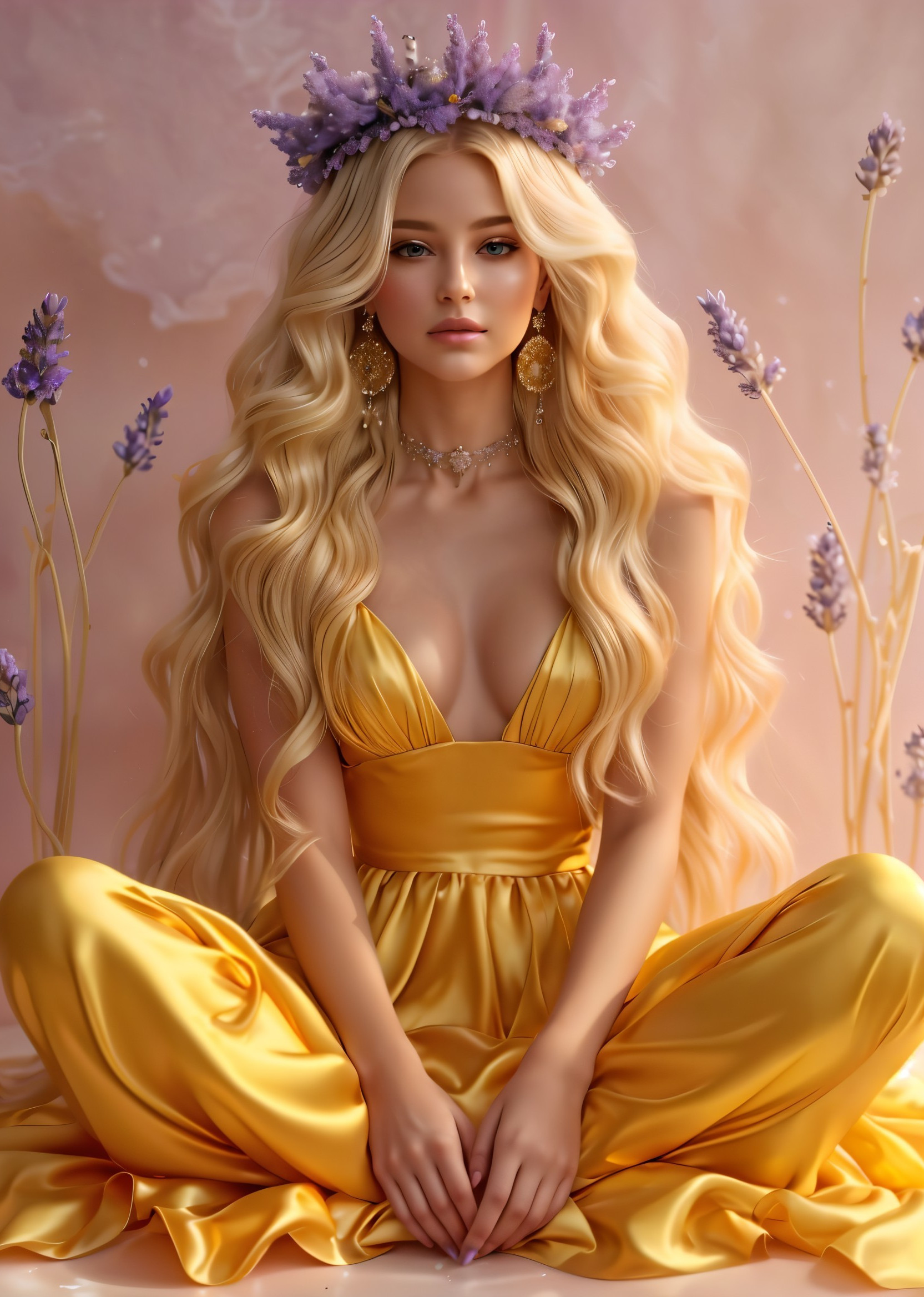 Portrait of a woman in a yellow gown with lavender crown