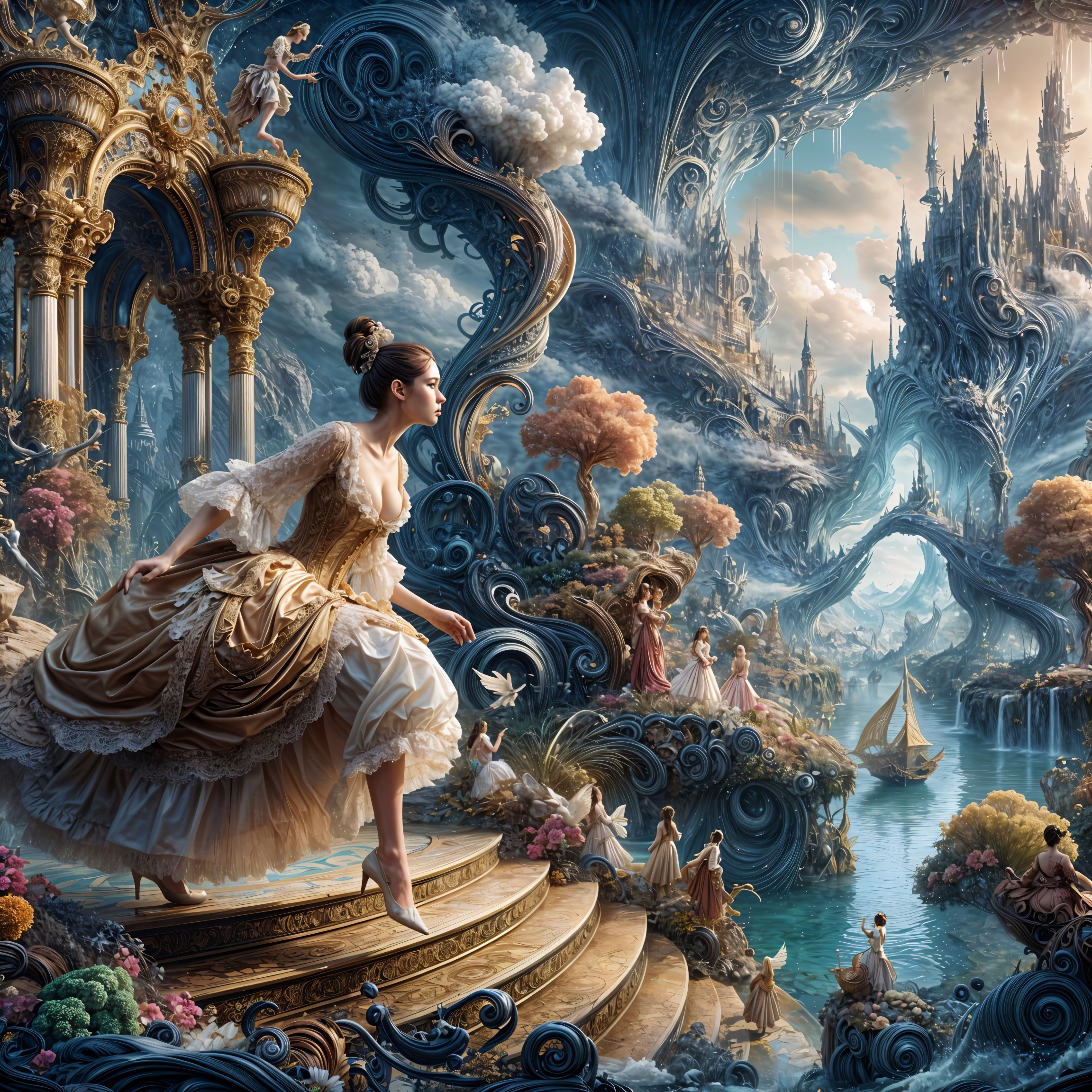 Fantasy Scene with Woman in Elegant Gown and Castles