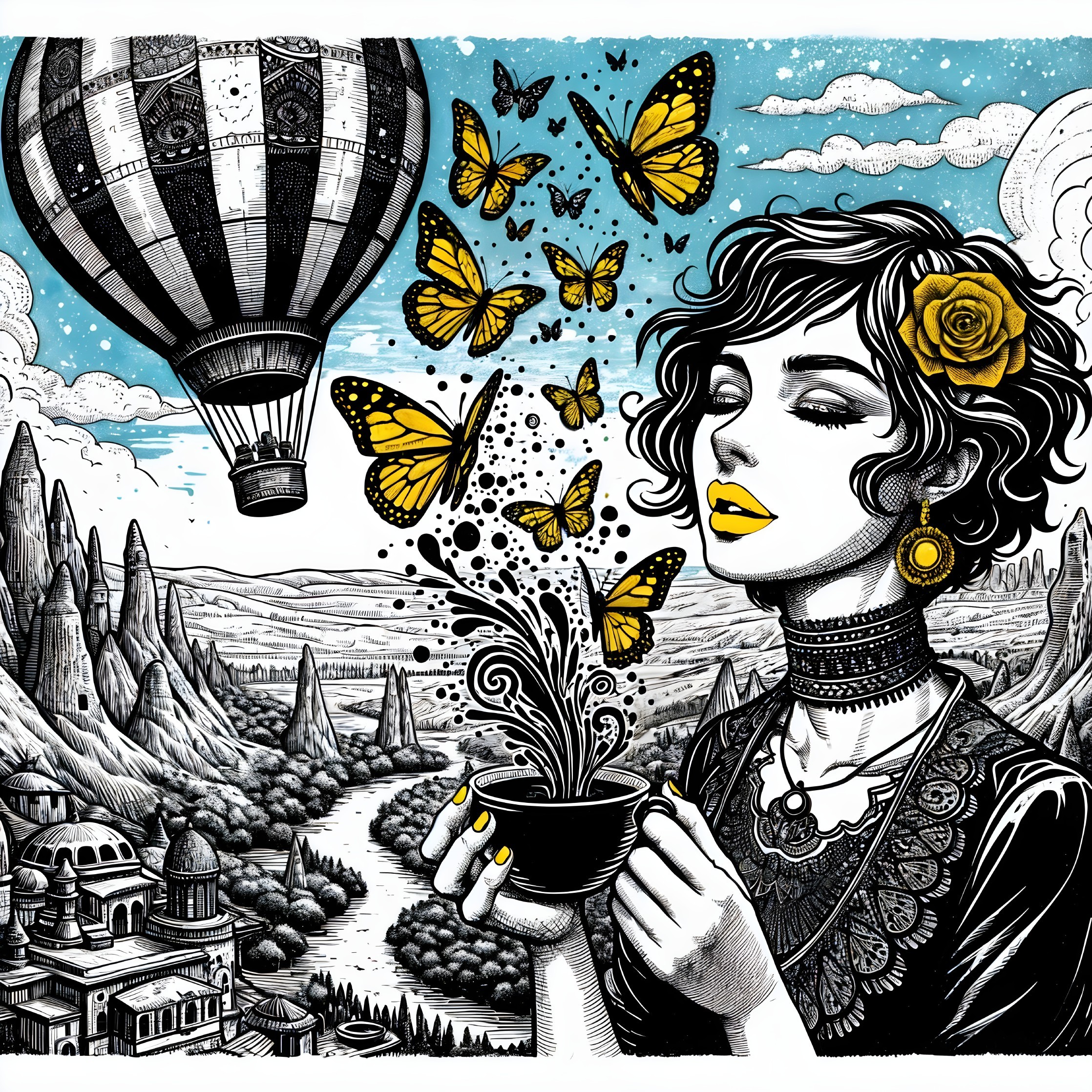 Whimsical Illustration of Woman with Butterflies and Nature