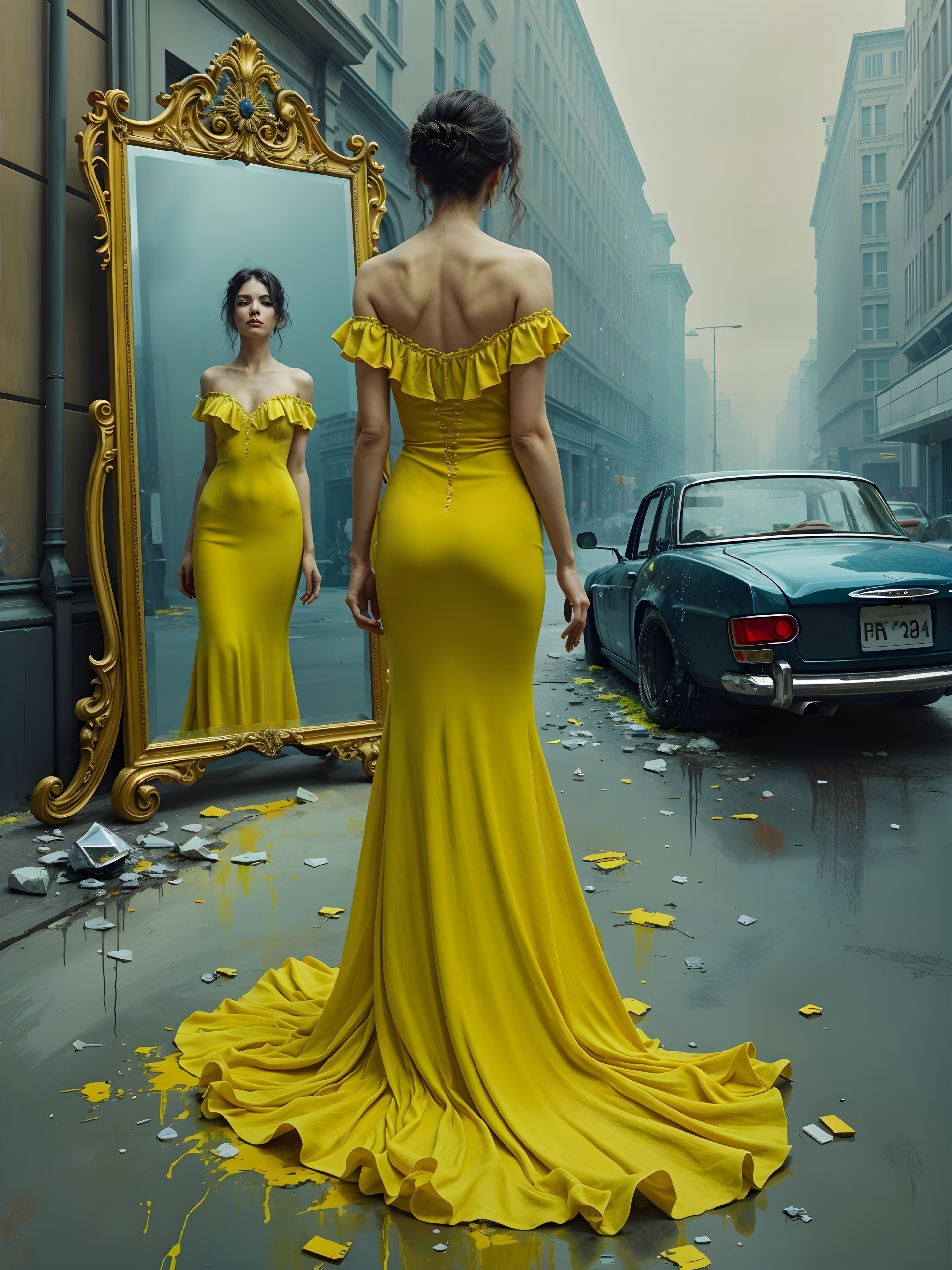 Urban Elegance: Woman in Yellow Gown by Mirror