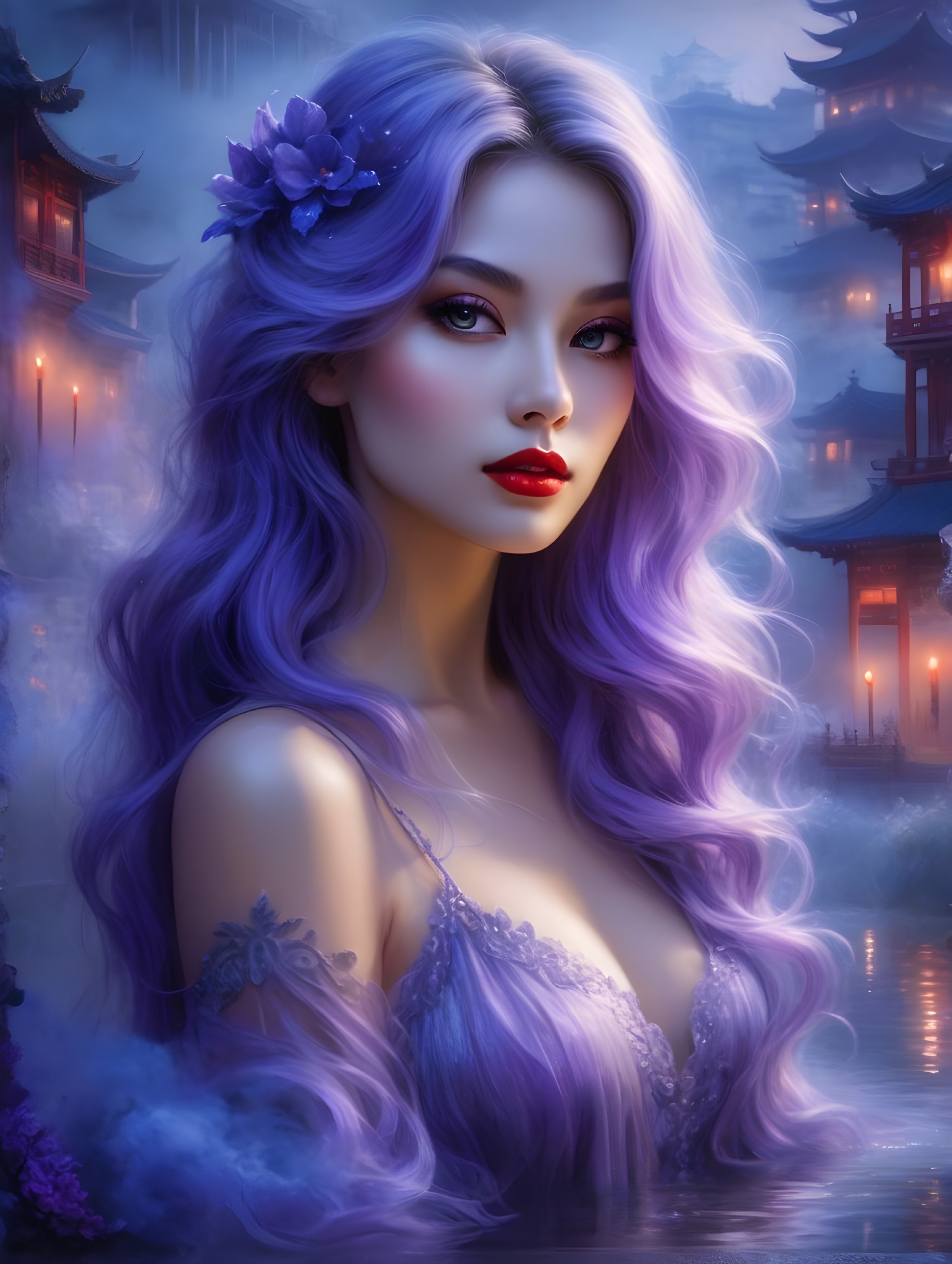 Woman with Purple Hair in Mystical Asian Landscape