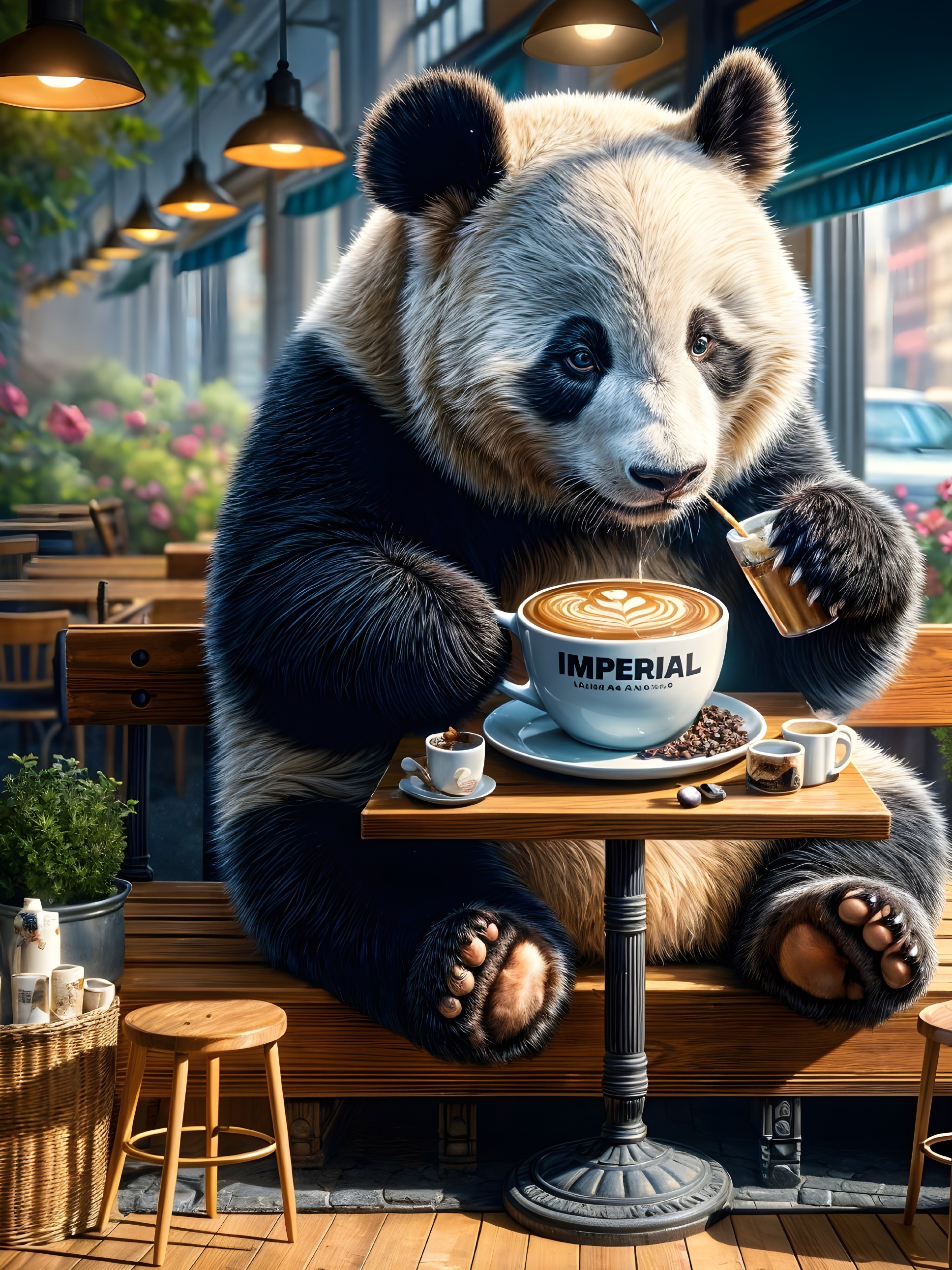 Panda Enjoying Latte Art in Cozy Café Setting