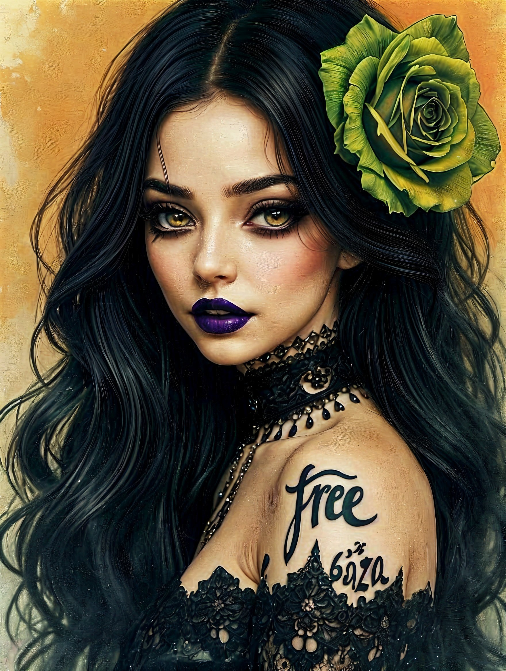 Portrait of a Young Woman with Green Rose and Tattoos