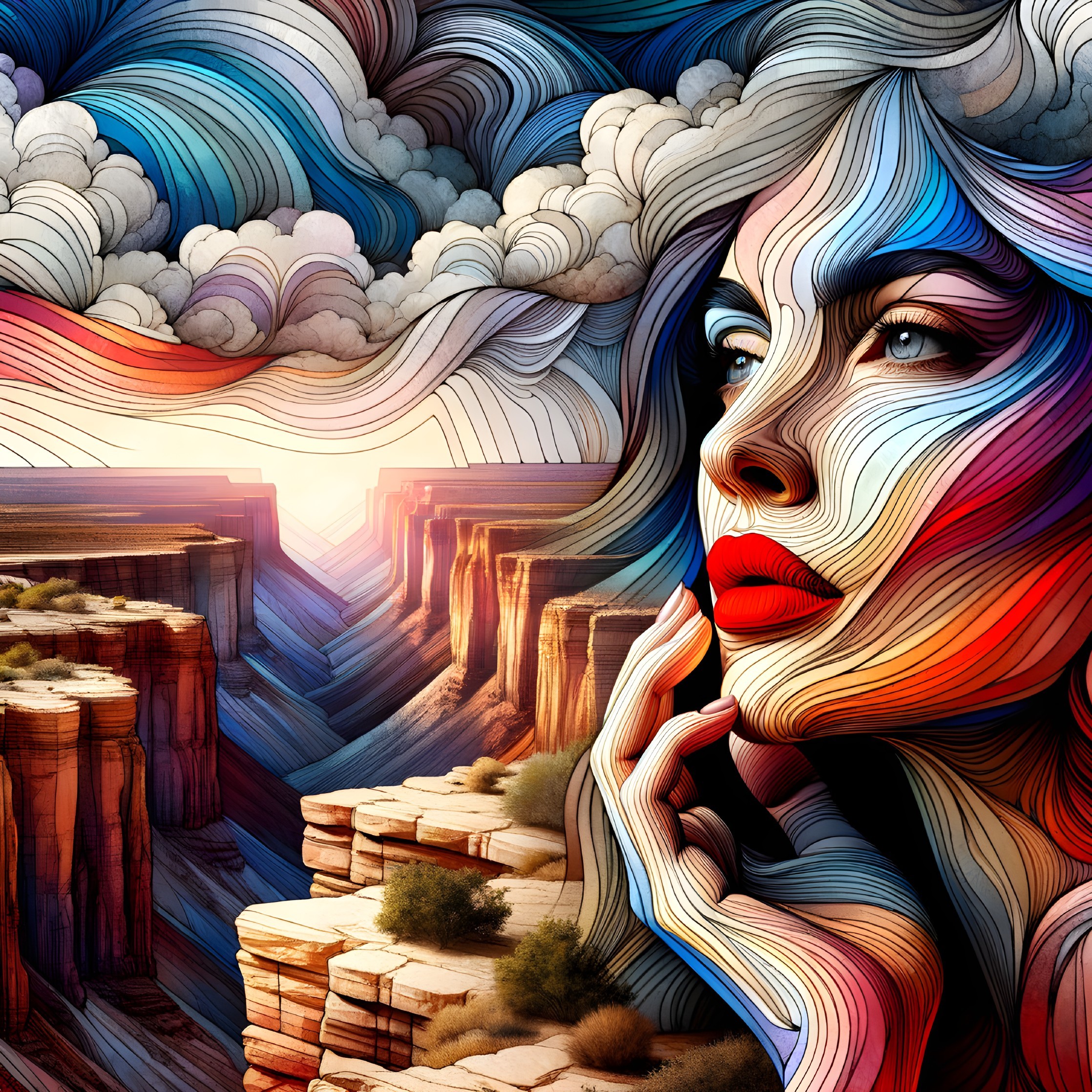 Vibrant Artwork of a Female Figure in Canyon Landscape