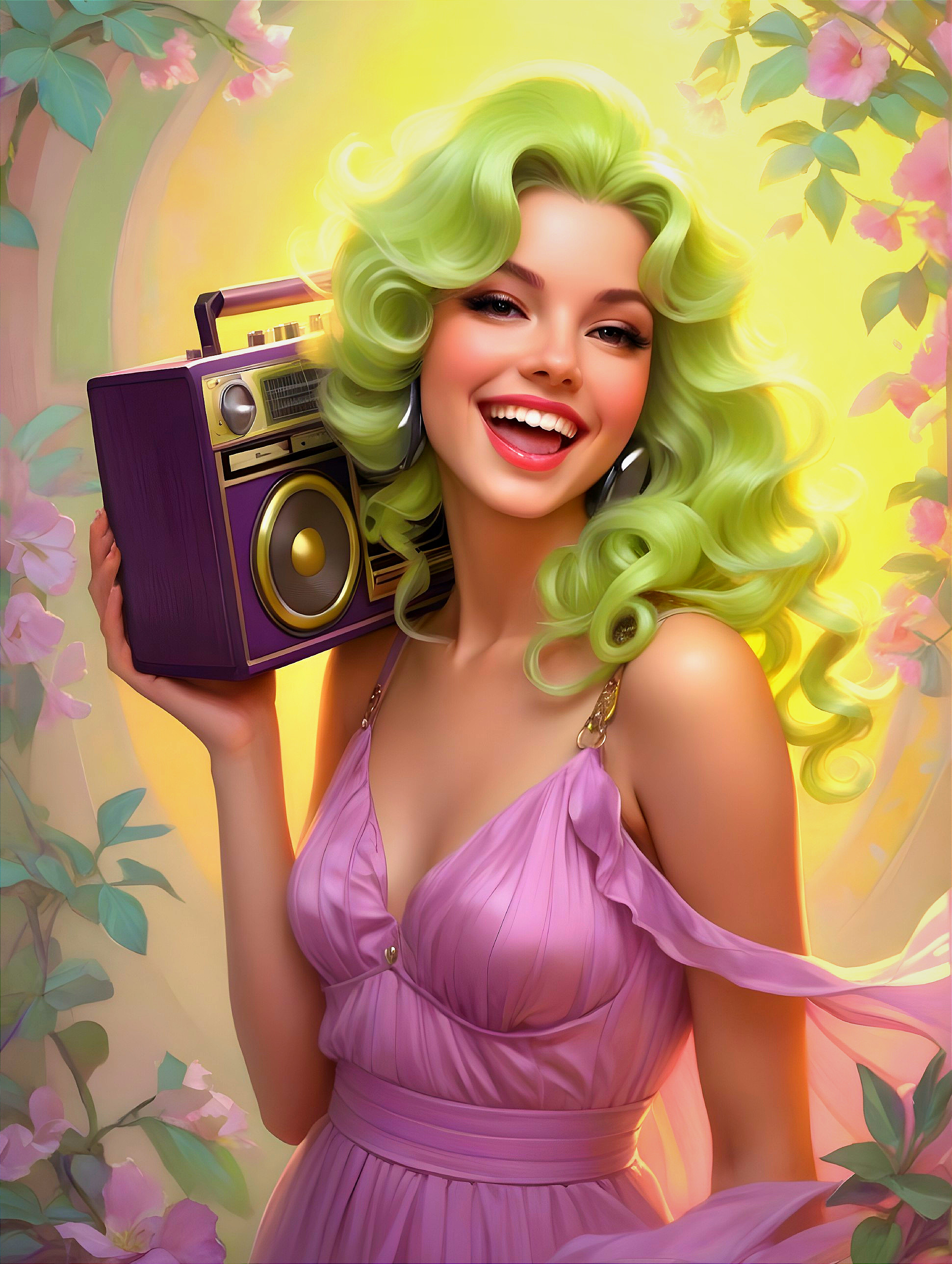 Cheerful woman with green hair and boombox in flowers