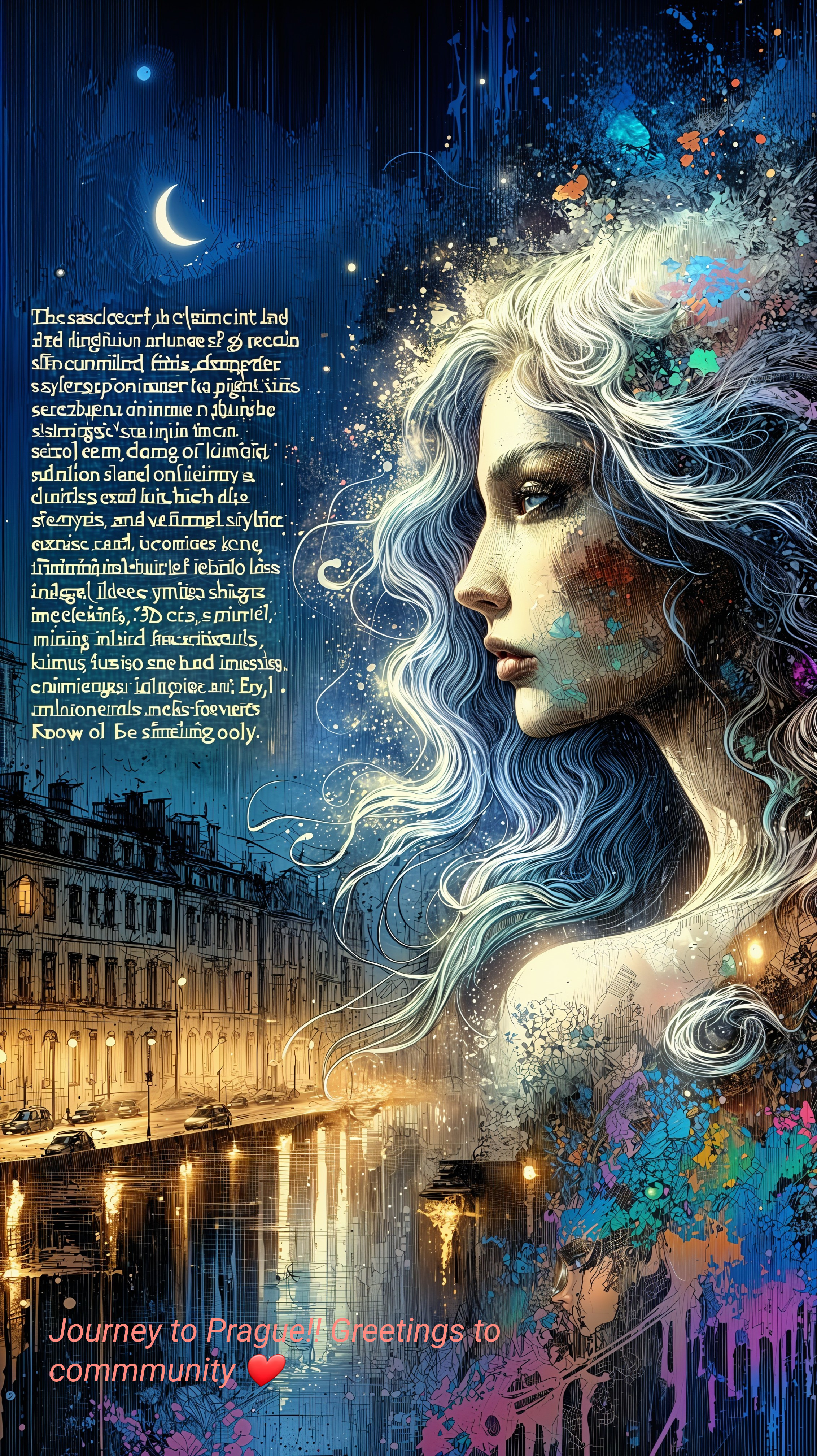 Ethereal Night Scene with Woman Over Cityscape