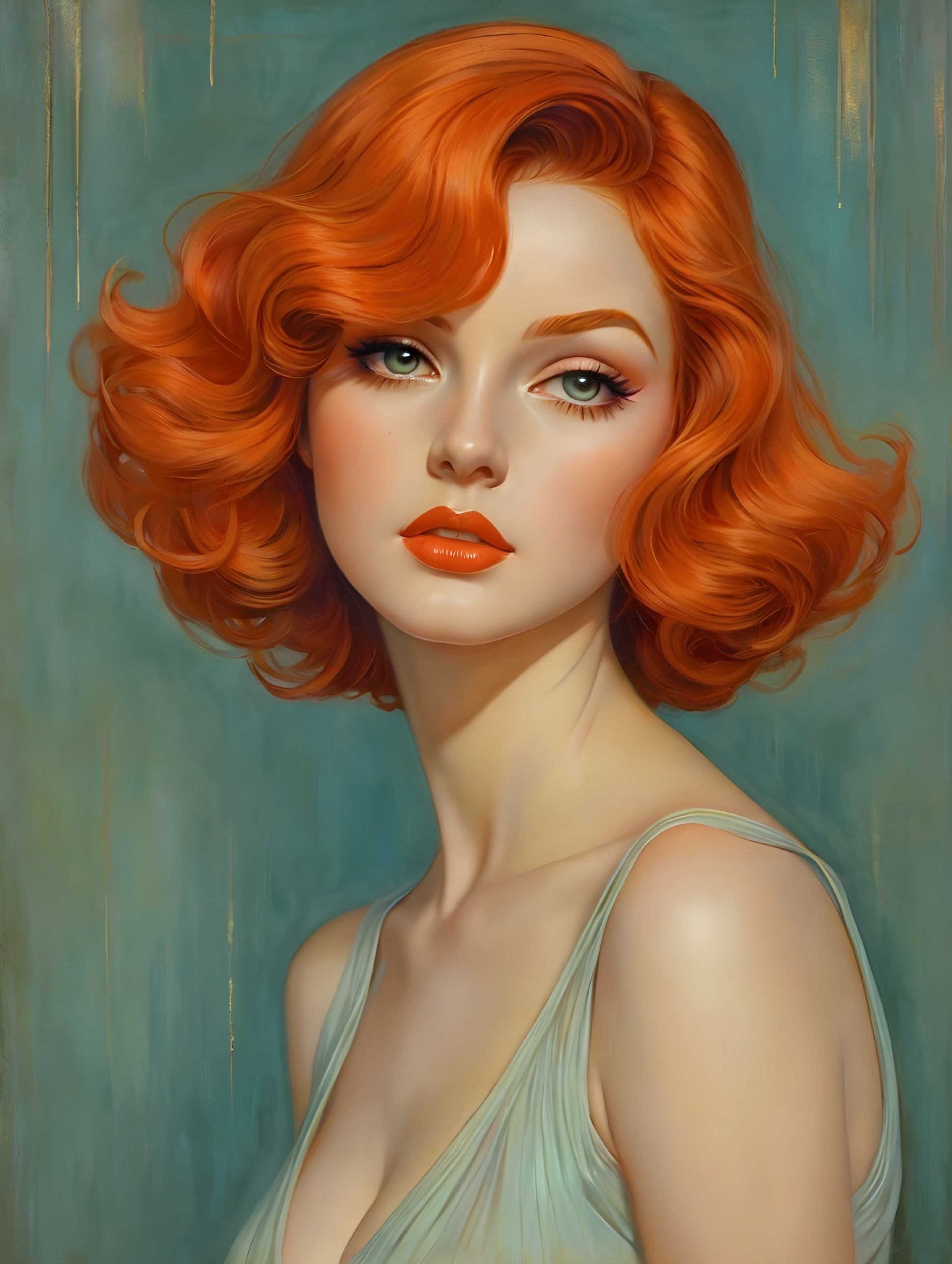 Portrait of a woman with red curly hair and green eyes