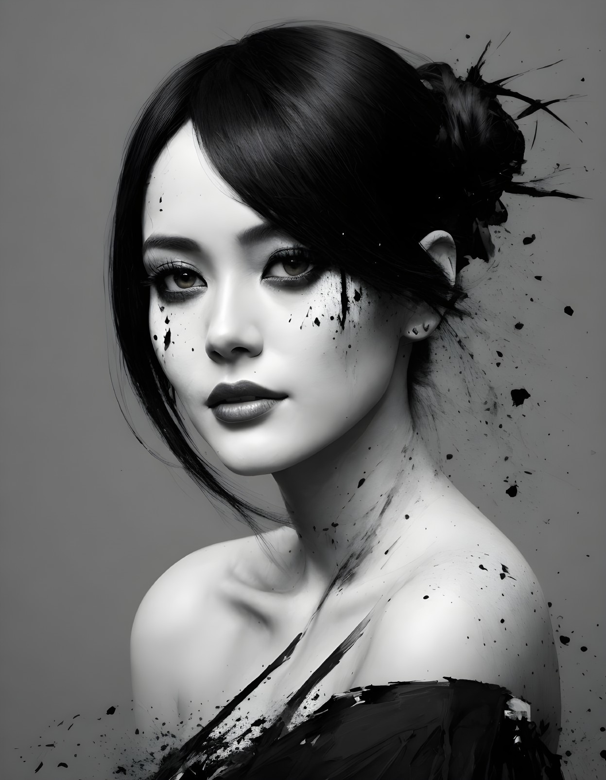 Monochrome Portrait of a Woman with Abstract Paint Splatters