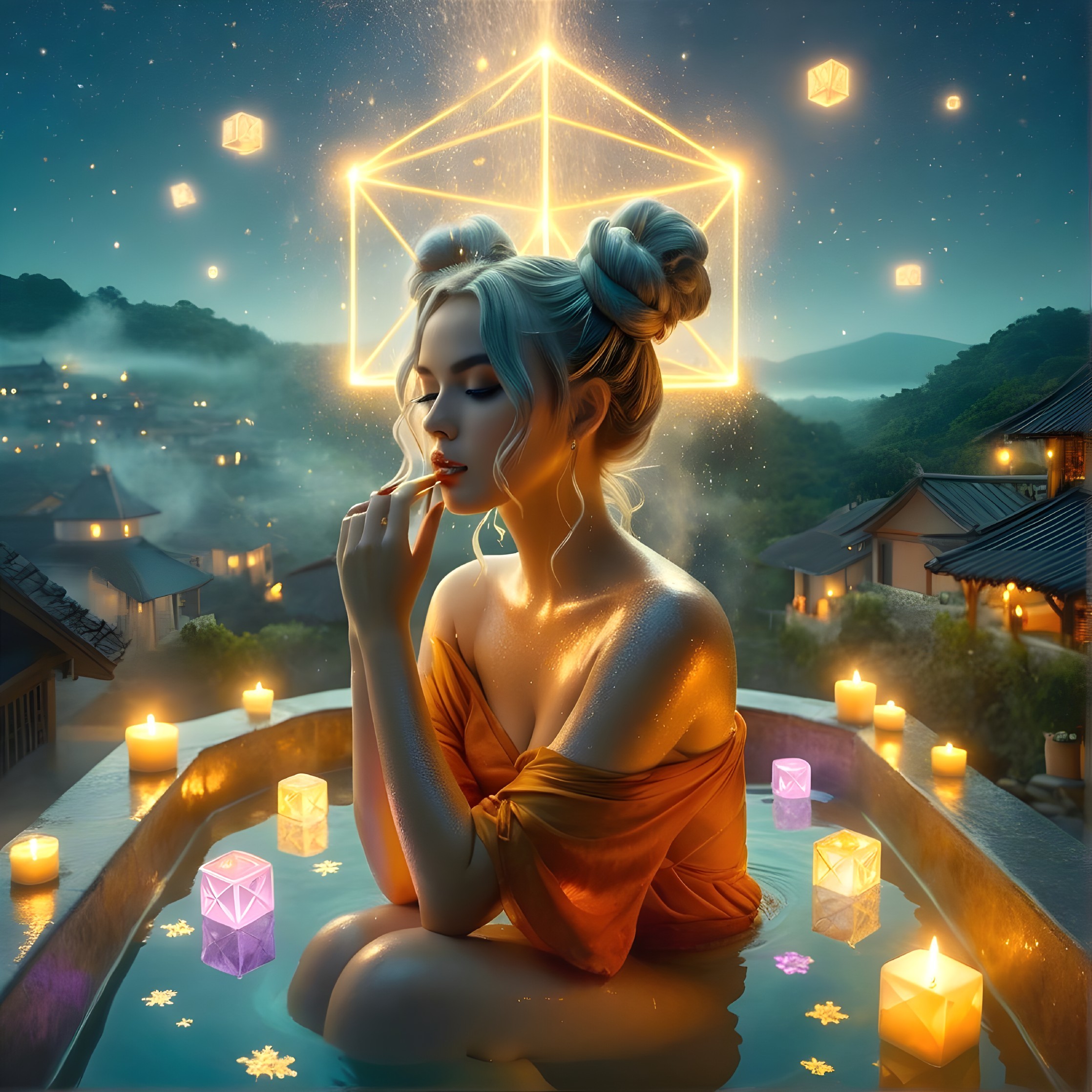Tranquil Bath Scene with Candles and Geometric Shapes