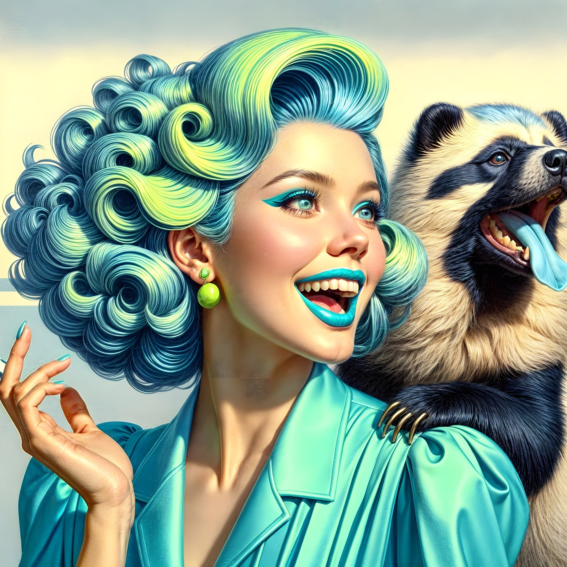 Vibrant Woman with Aquamarine Hair and Raccoon