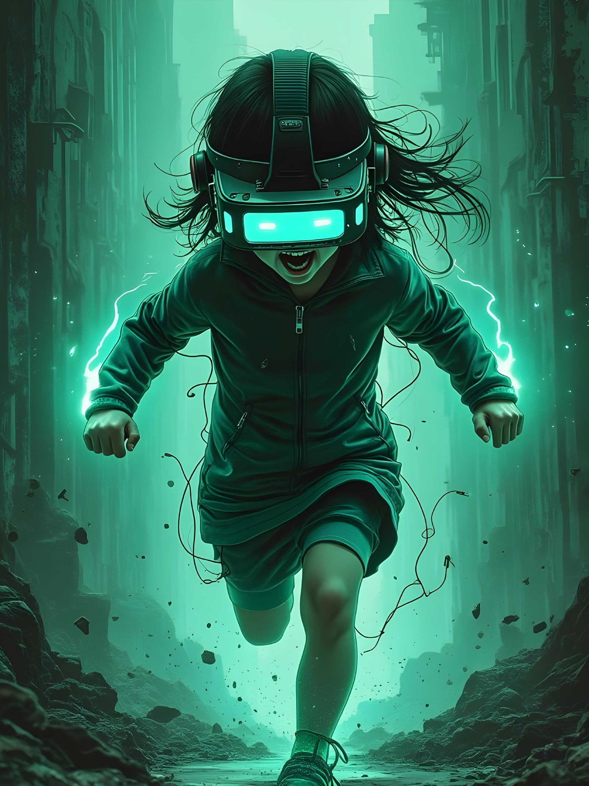 Young girl in futuristic outfit racing in neon alley