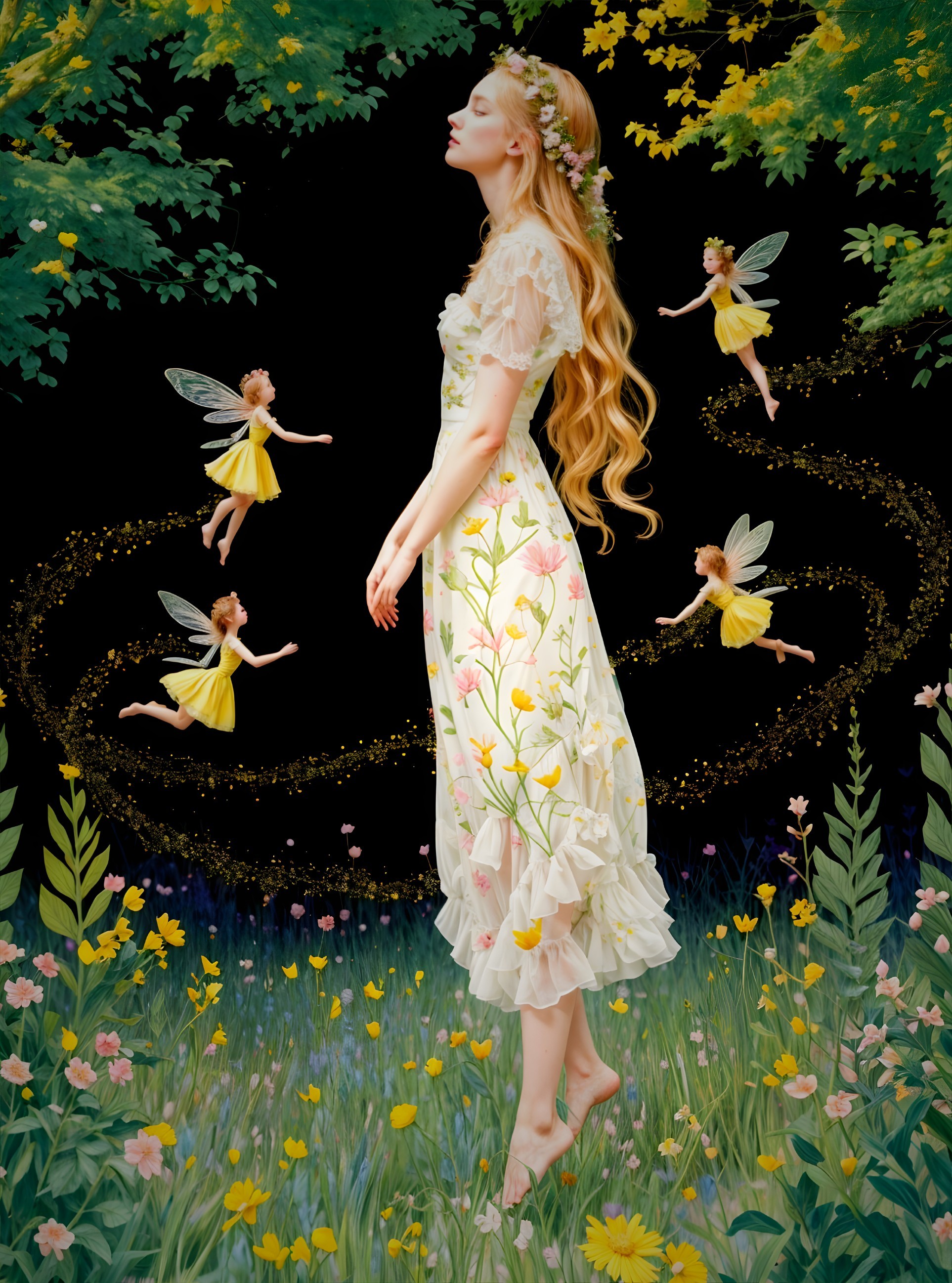 Serene Woman in Floral Dress in Lush Garden Setting