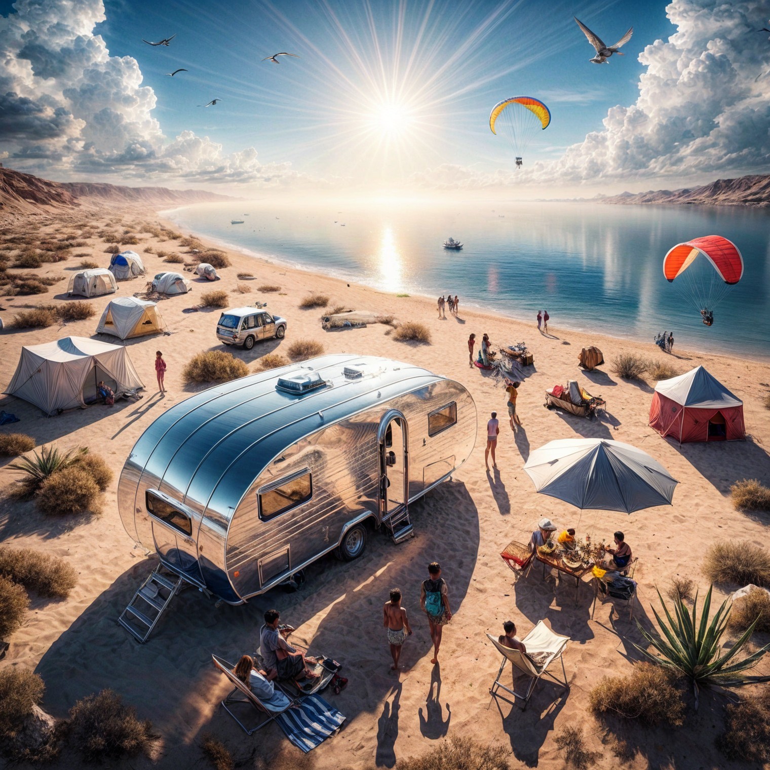 Vibrant Desert Scene with Retro Camper and Lake Activities