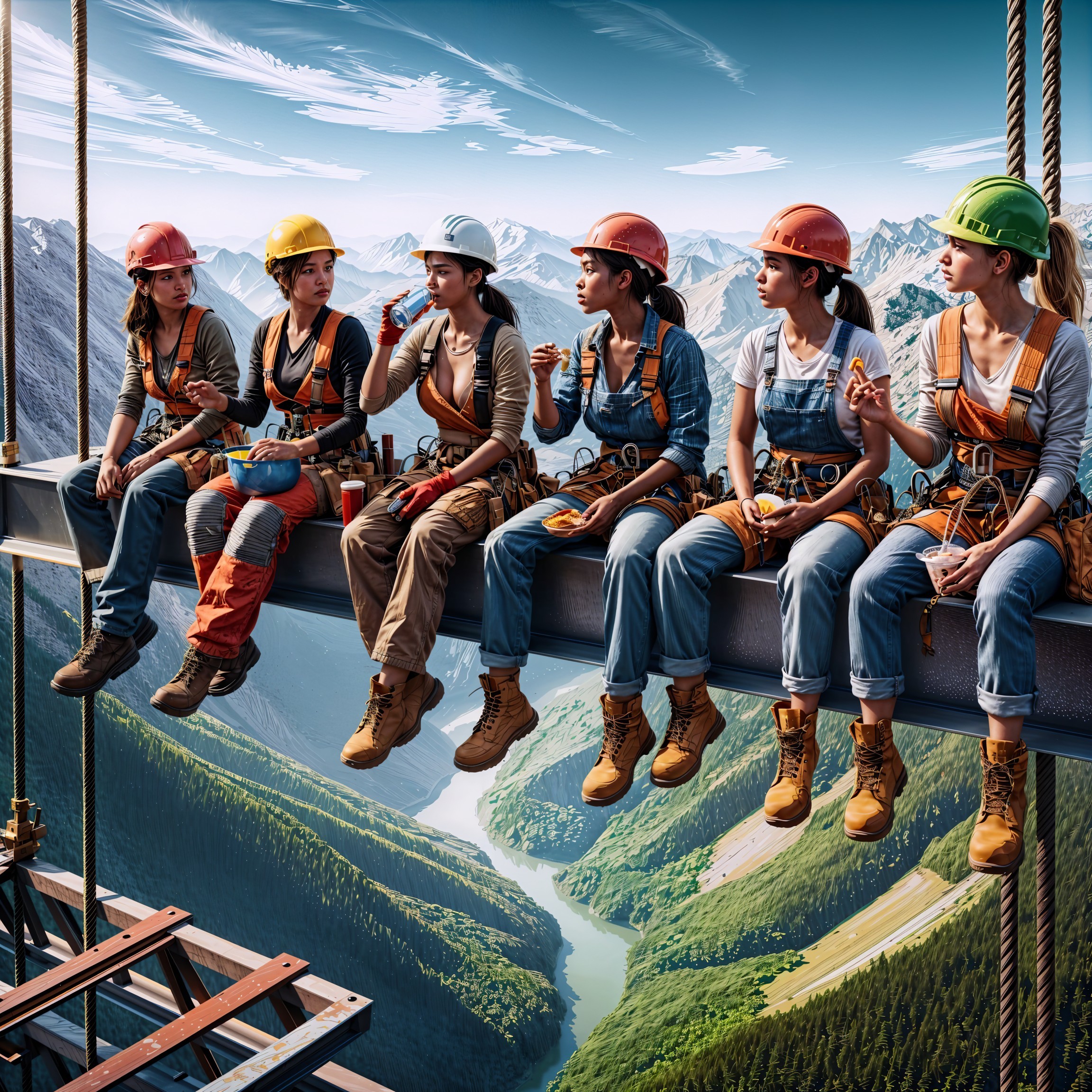 Female Construction Workers on Steel Beam with Mountains