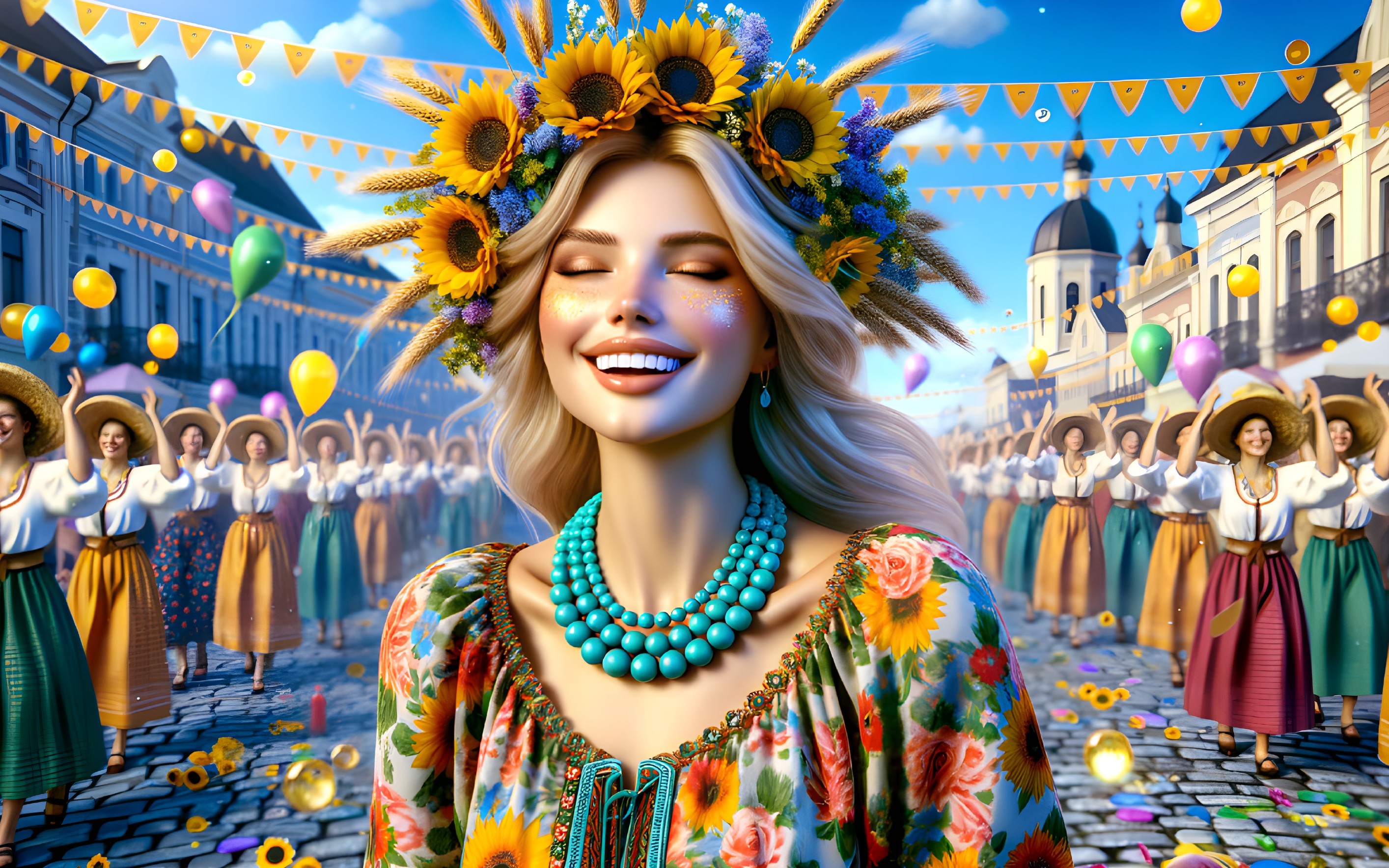 Vibrant Festival Scene with Joyful Woman in Floral Crown