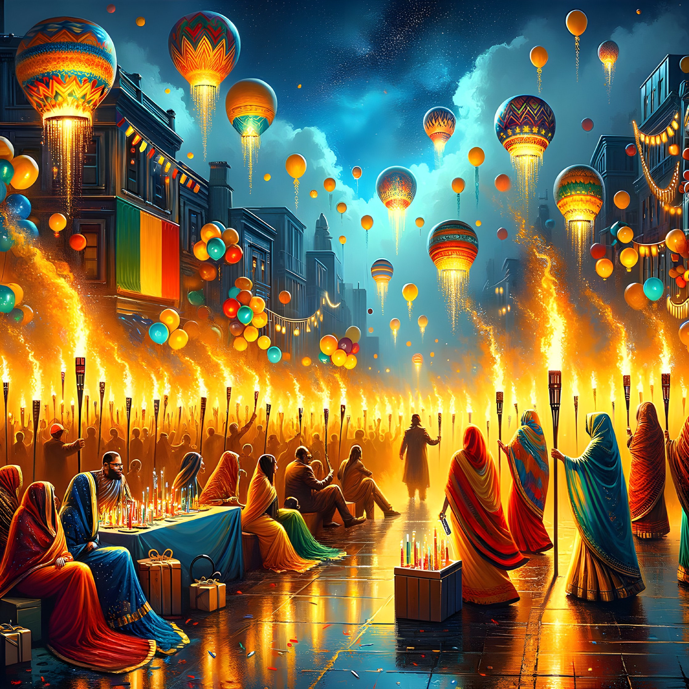 Vibrant Festival Scene with Hot Air Balloons at Dusk