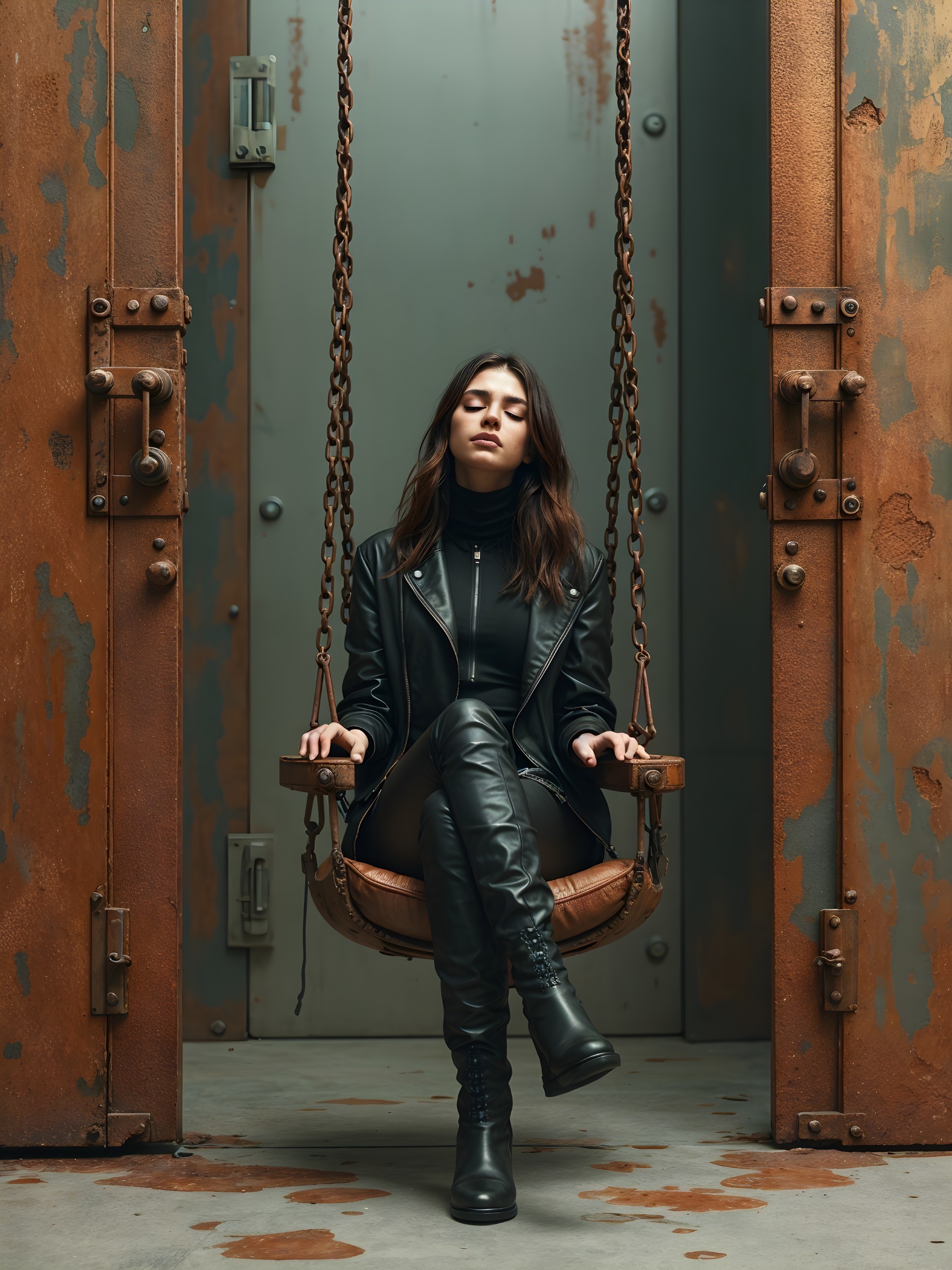 Woman on Rustic Swing in Industrial Setting