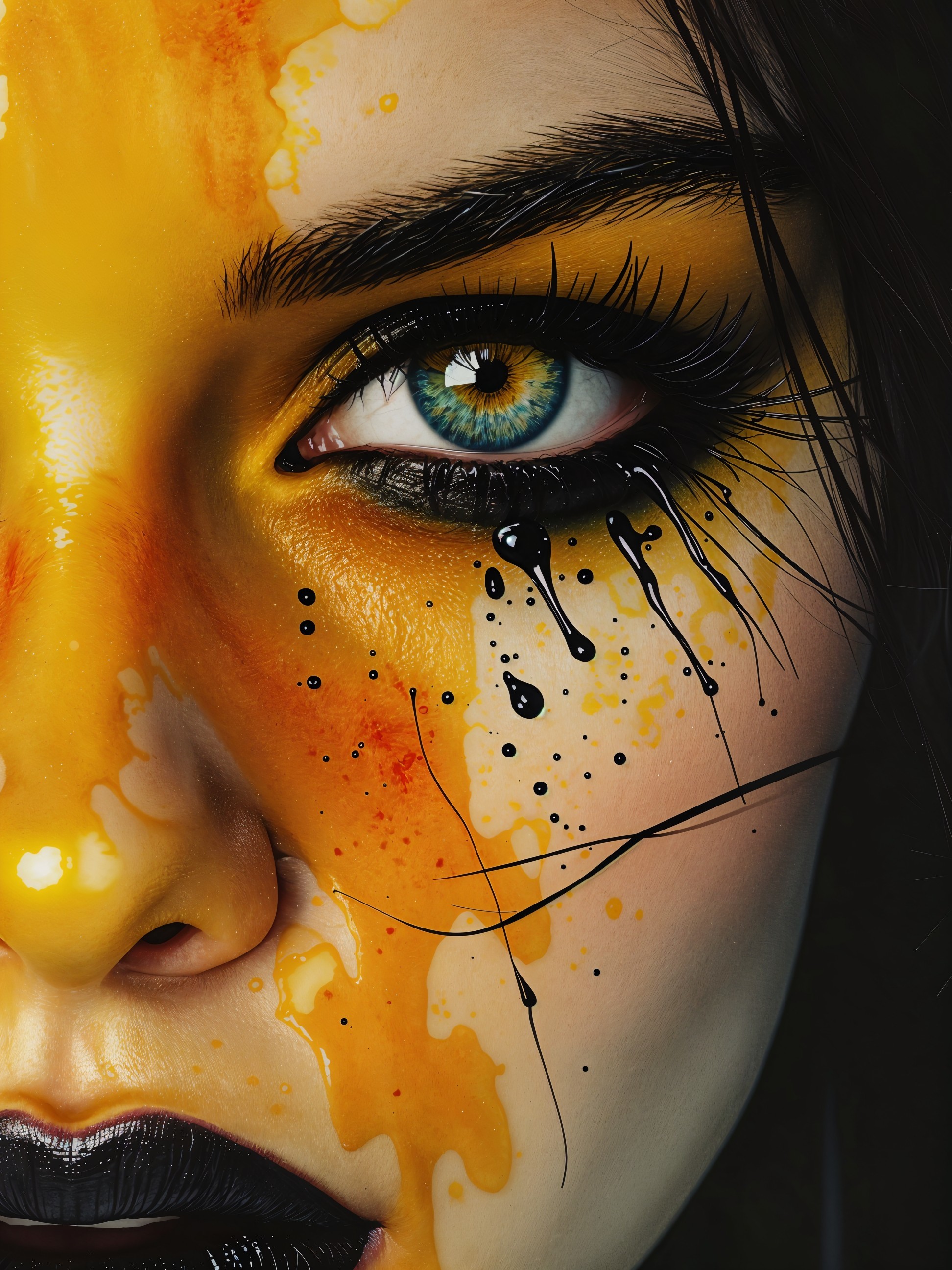 Close-up of a face with vibrant yellow and orange hues