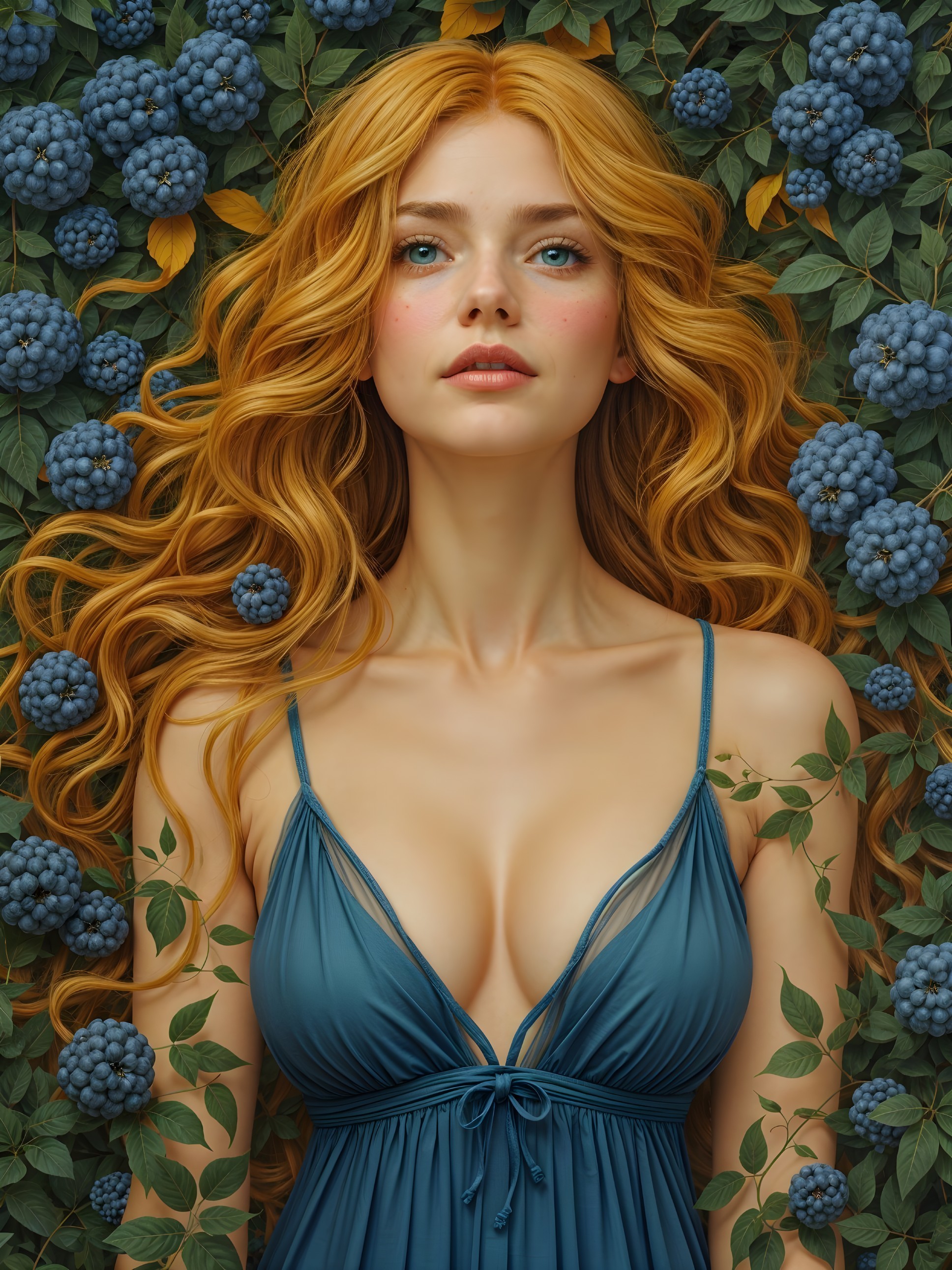 Young woman in dark blue dress among green leaves