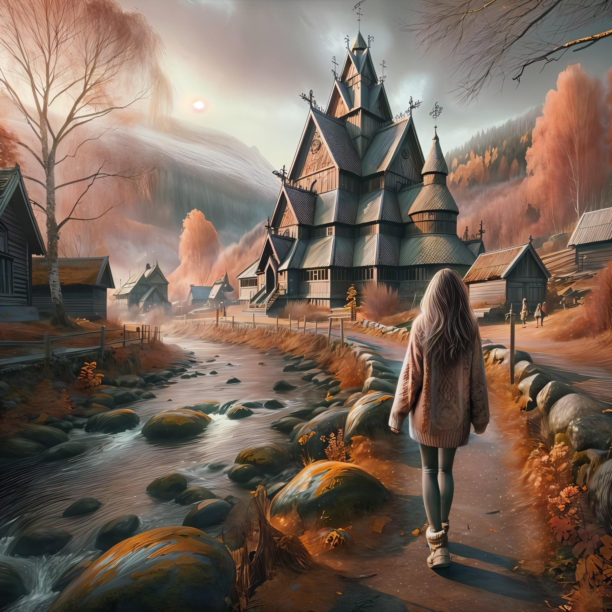 Autumn Landscape with Woman by River and Wooden Church