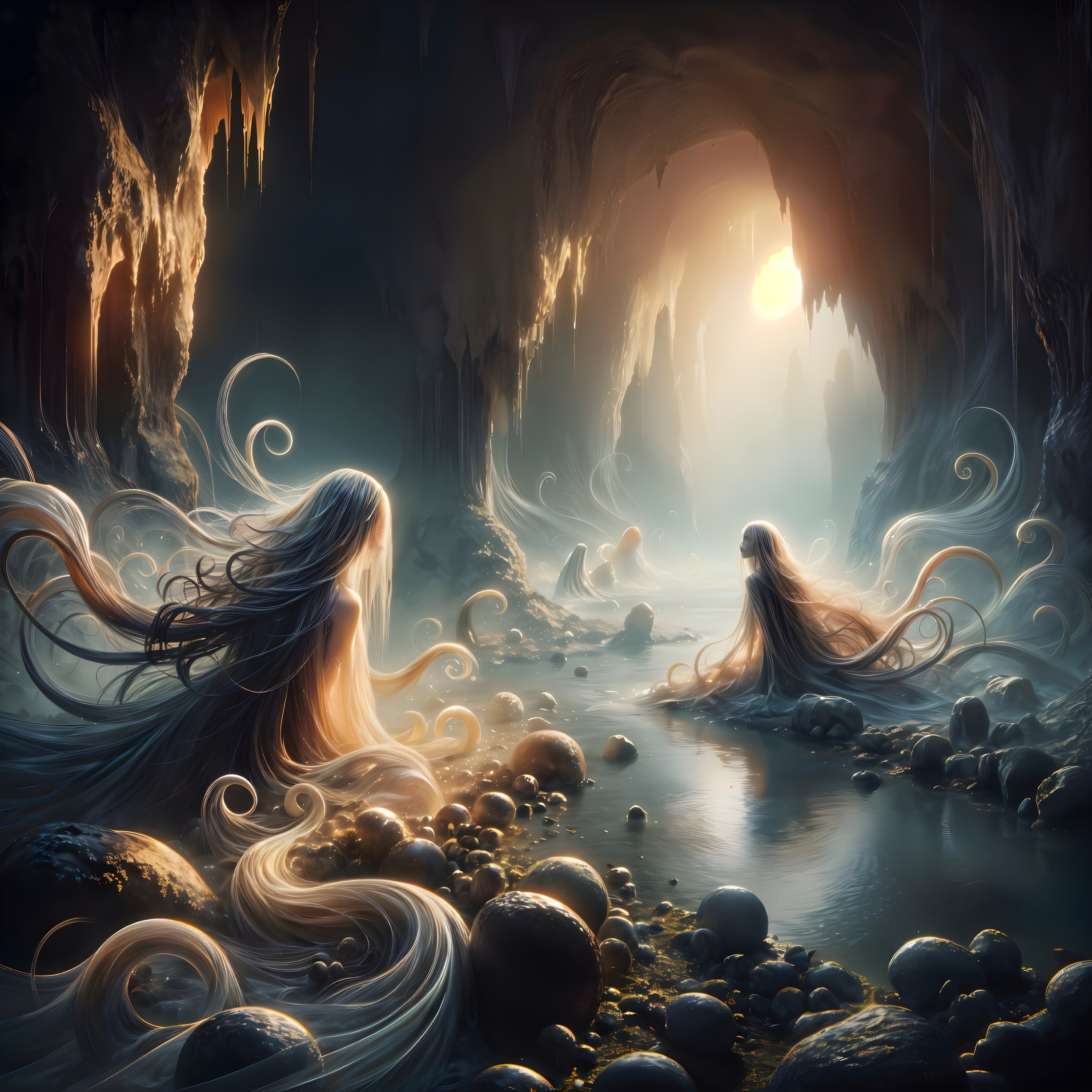Ethereal Figures in a Mystical Cave Setting