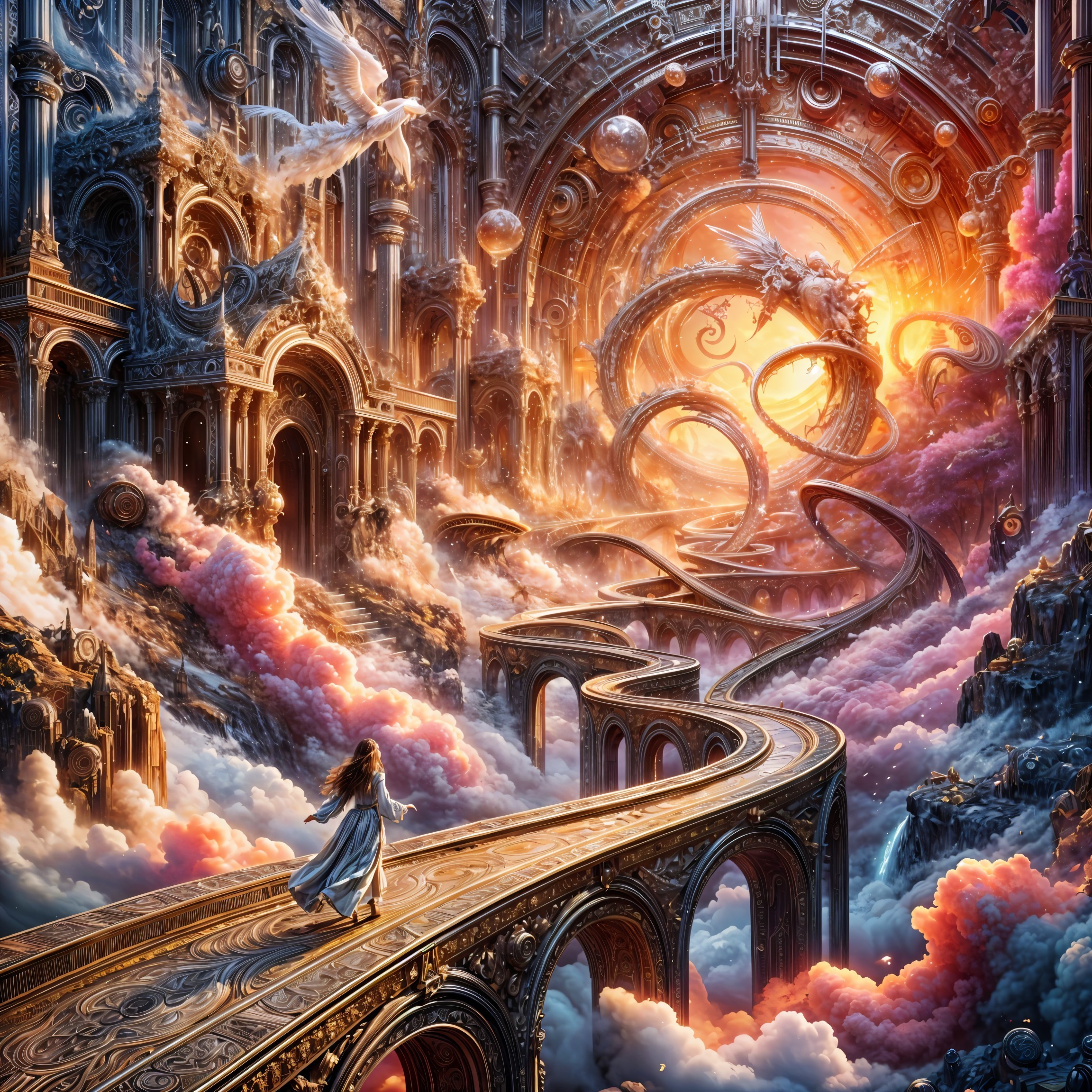 Fantastical landscape with golden pathway and dragon