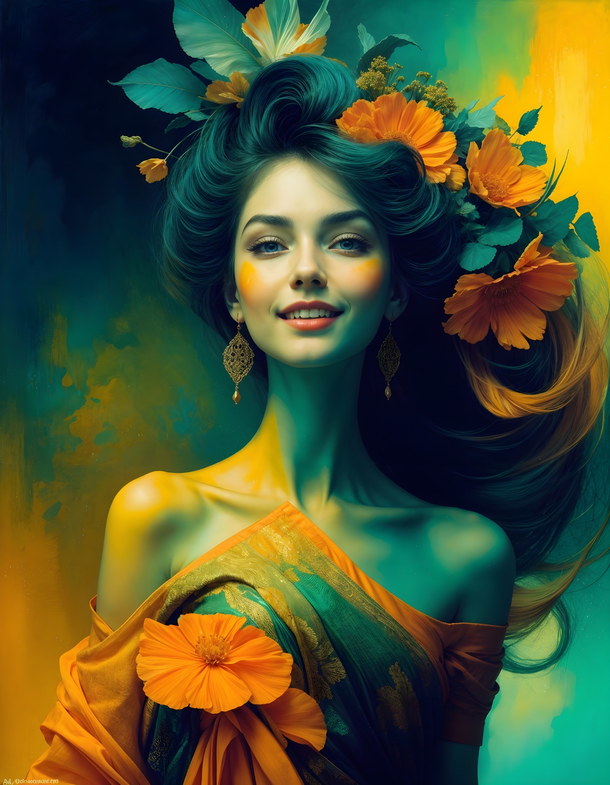 Portrait of a Young Woman with Turquoise Skin and Flowers