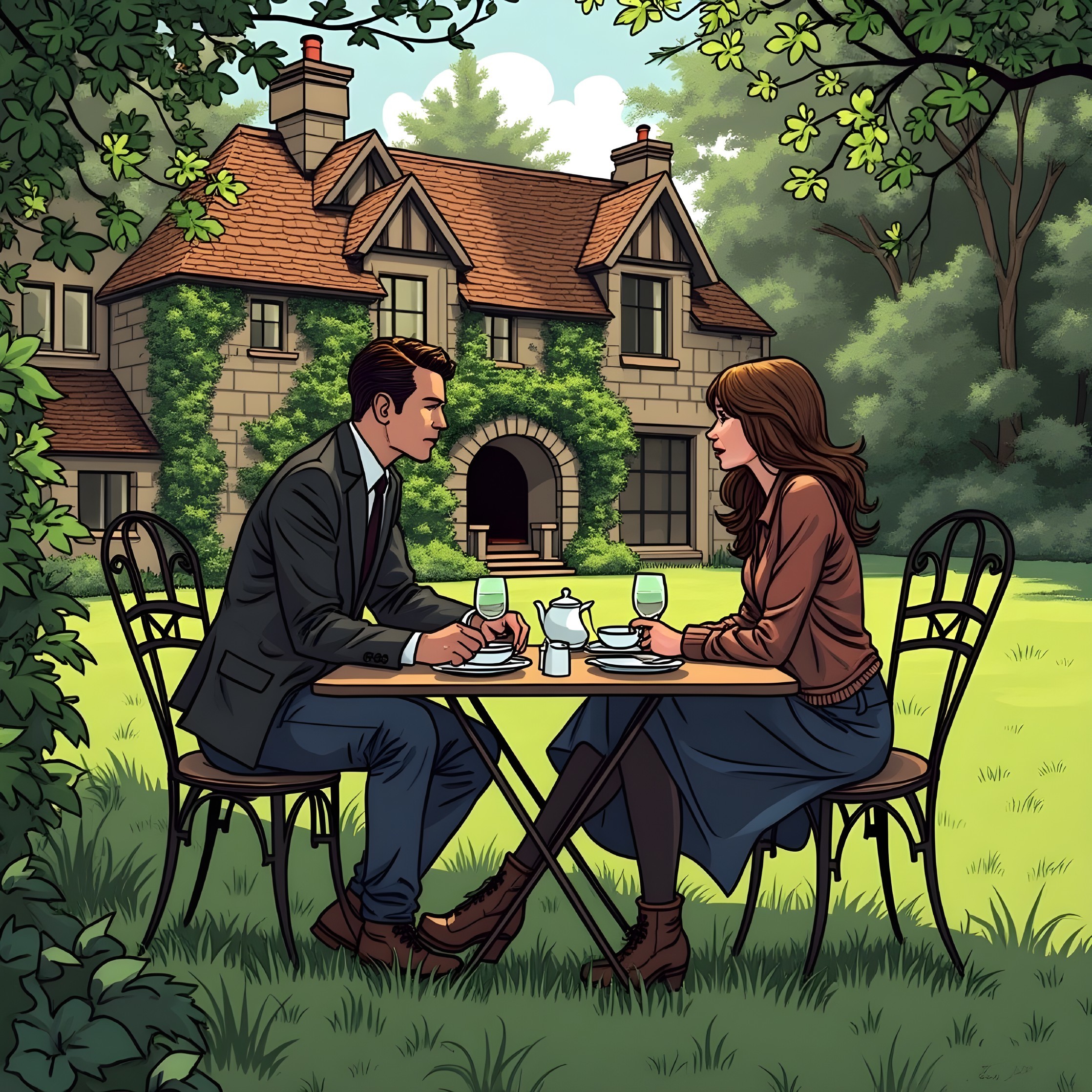 Couple Engaged in Conversation at Outdoor Table