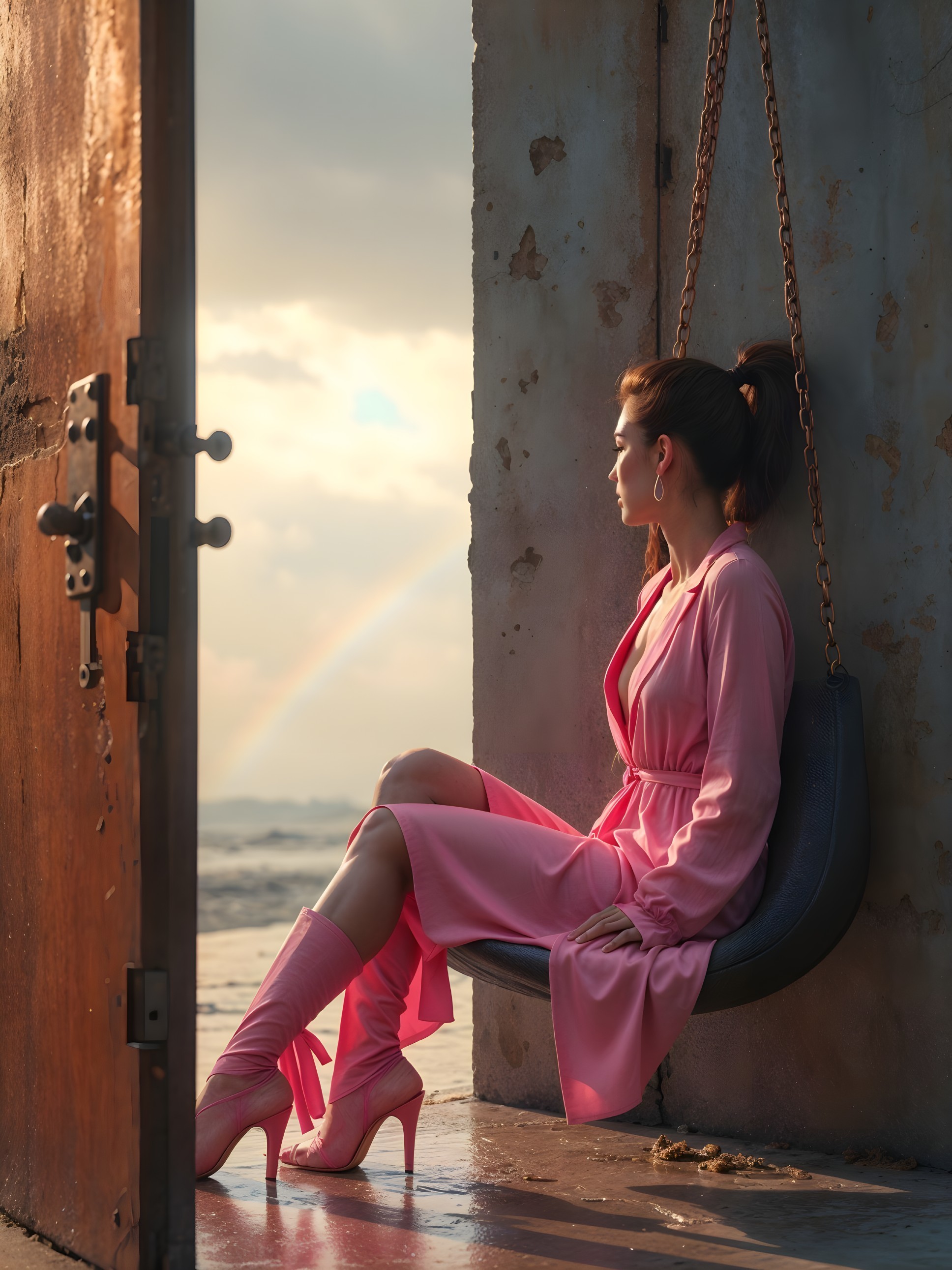 Woman in Pink Dress on Swing with Rainbow and Ocean