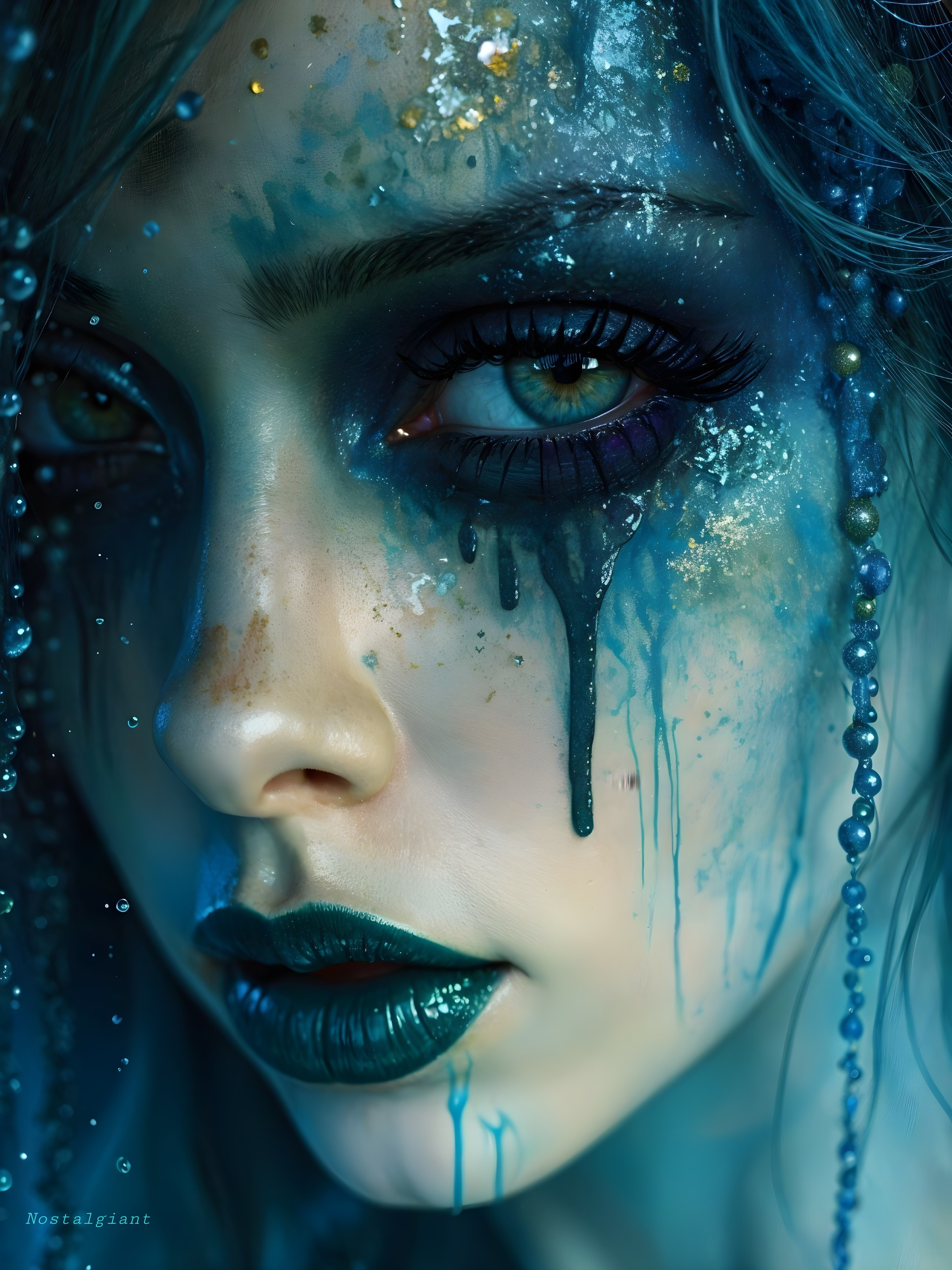 Portrait of a woman with iridescent blue and green makeup