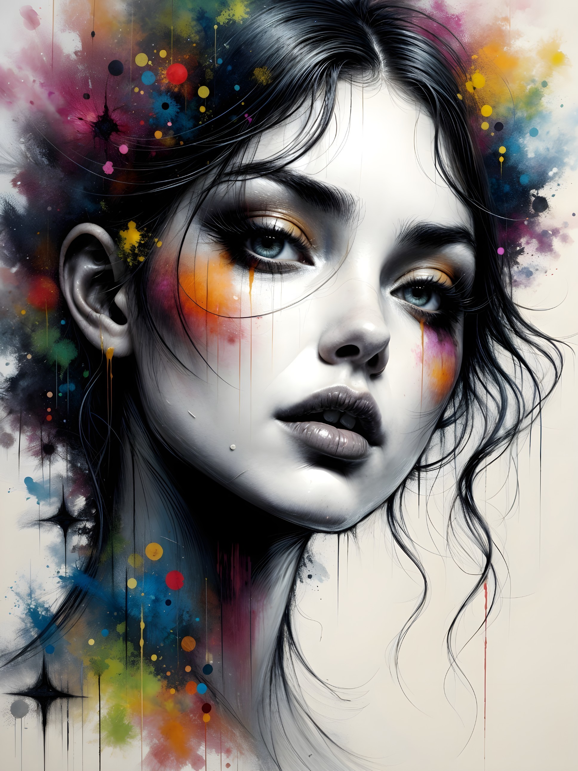 Portrait of a Young Woman with Colorful Paint Splashes