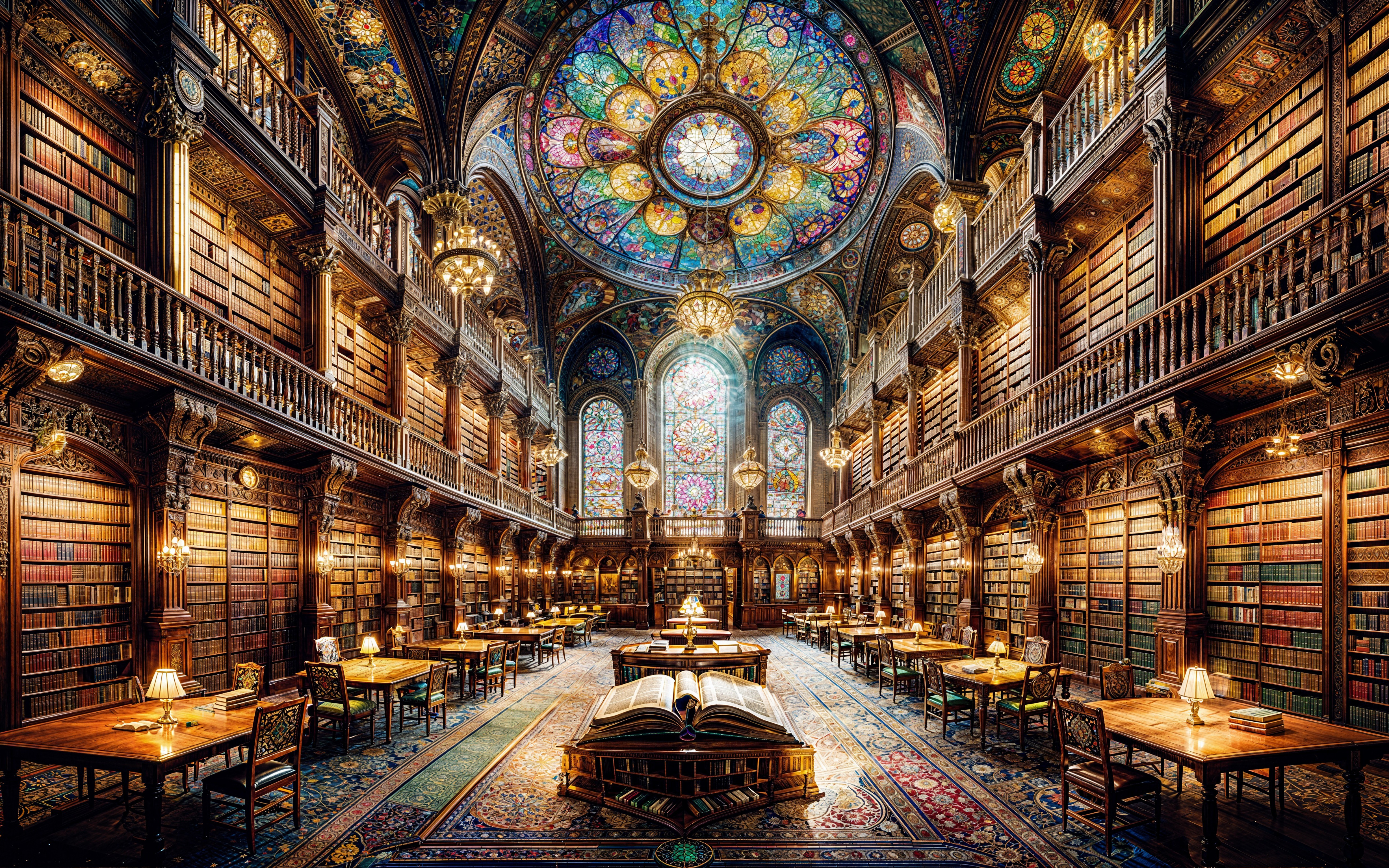 Grand library with towering bookshelves and stained glass