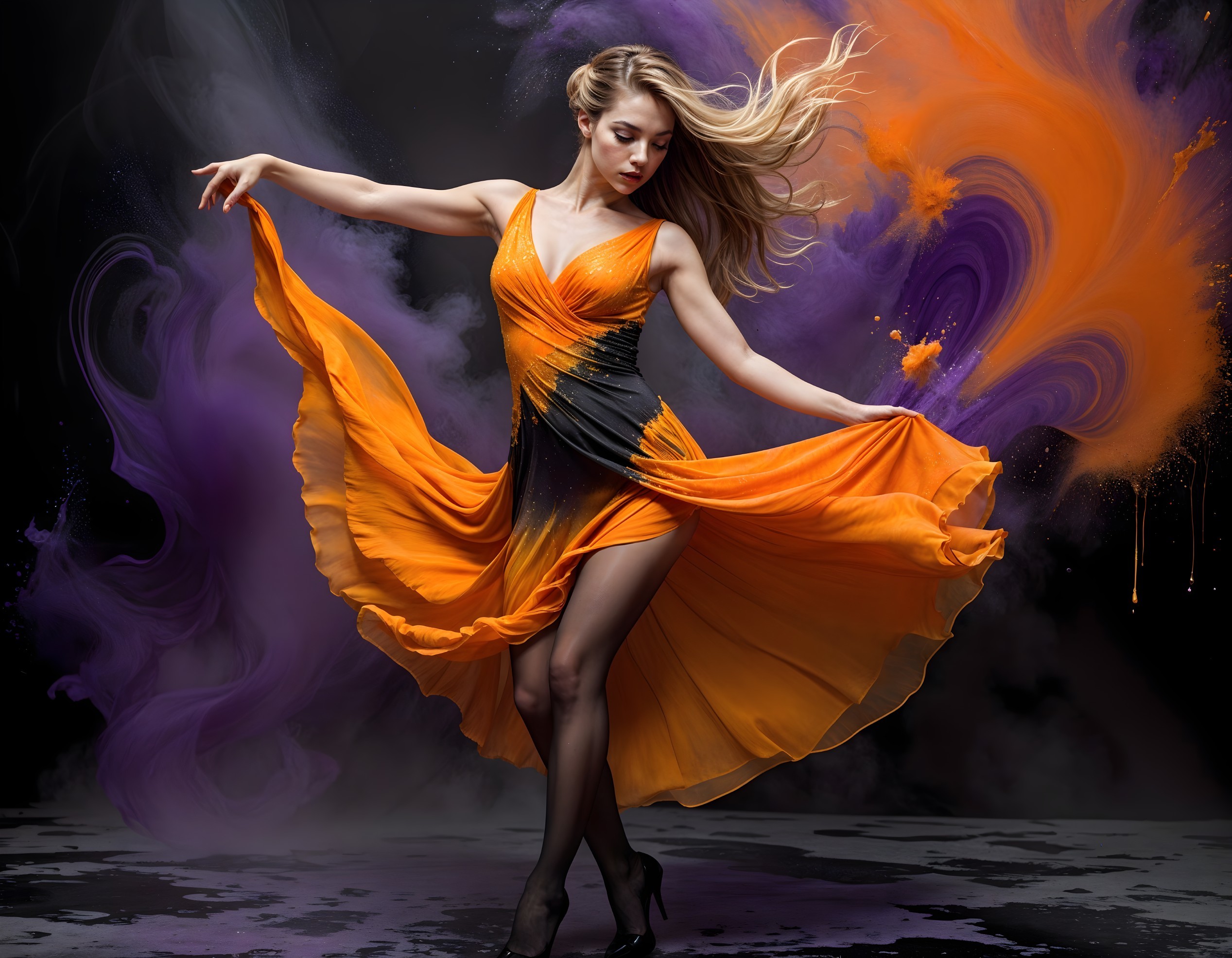 Dynamic dancer in flowing orange and black dress