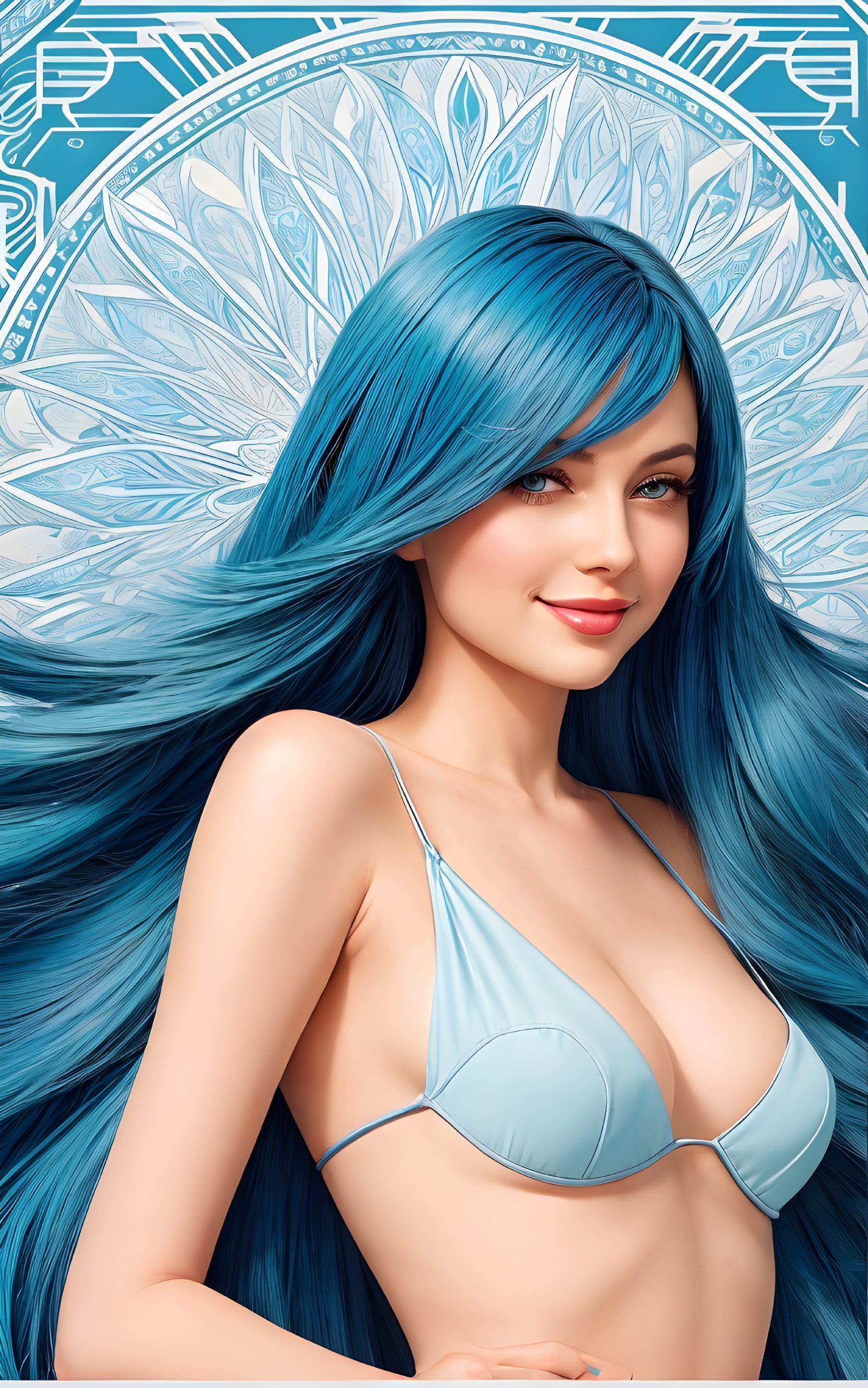 Stylized female figure with blue hair and bikini top