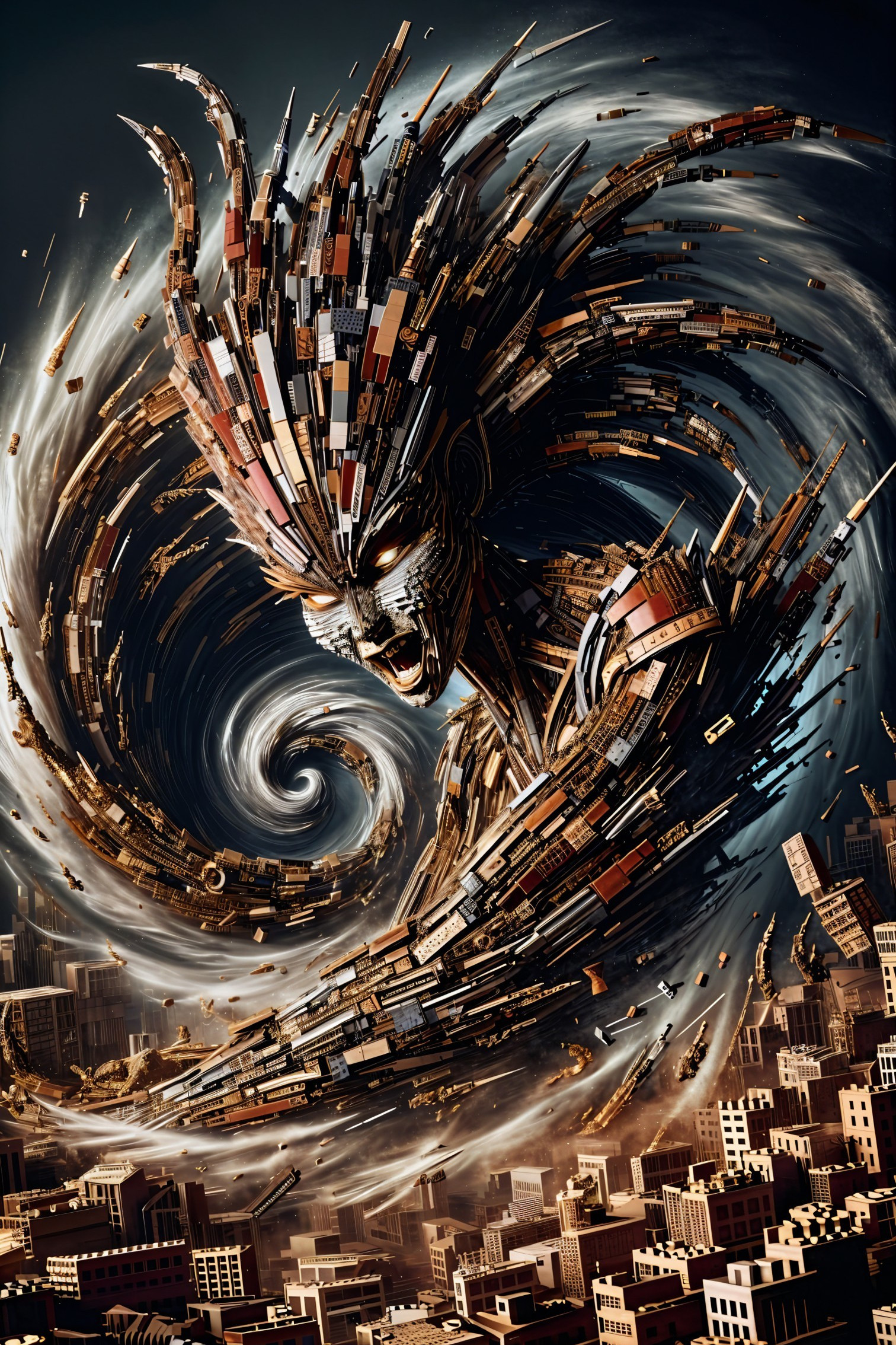 Intricate figure in a swirling vortex of urban elements