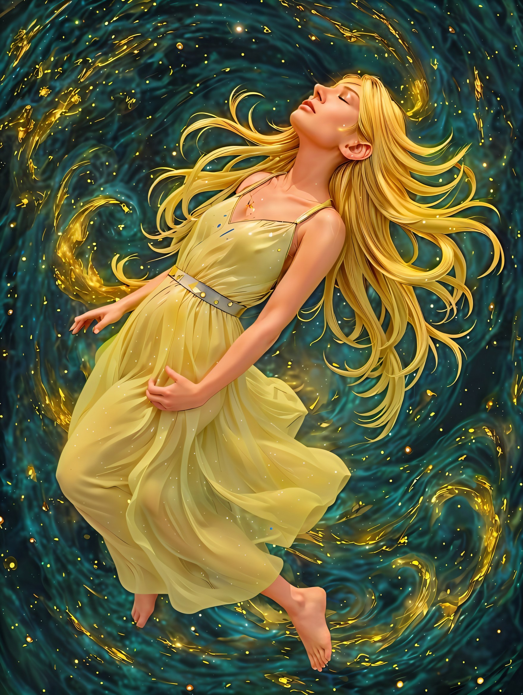 Young woman in yellow dress floating among stars