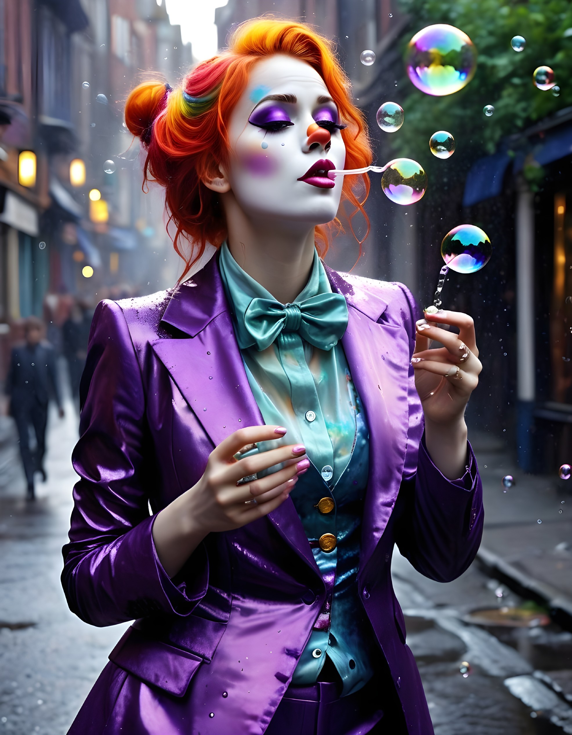 Whimsical Figure in Vibrant Street with Bold Colors
