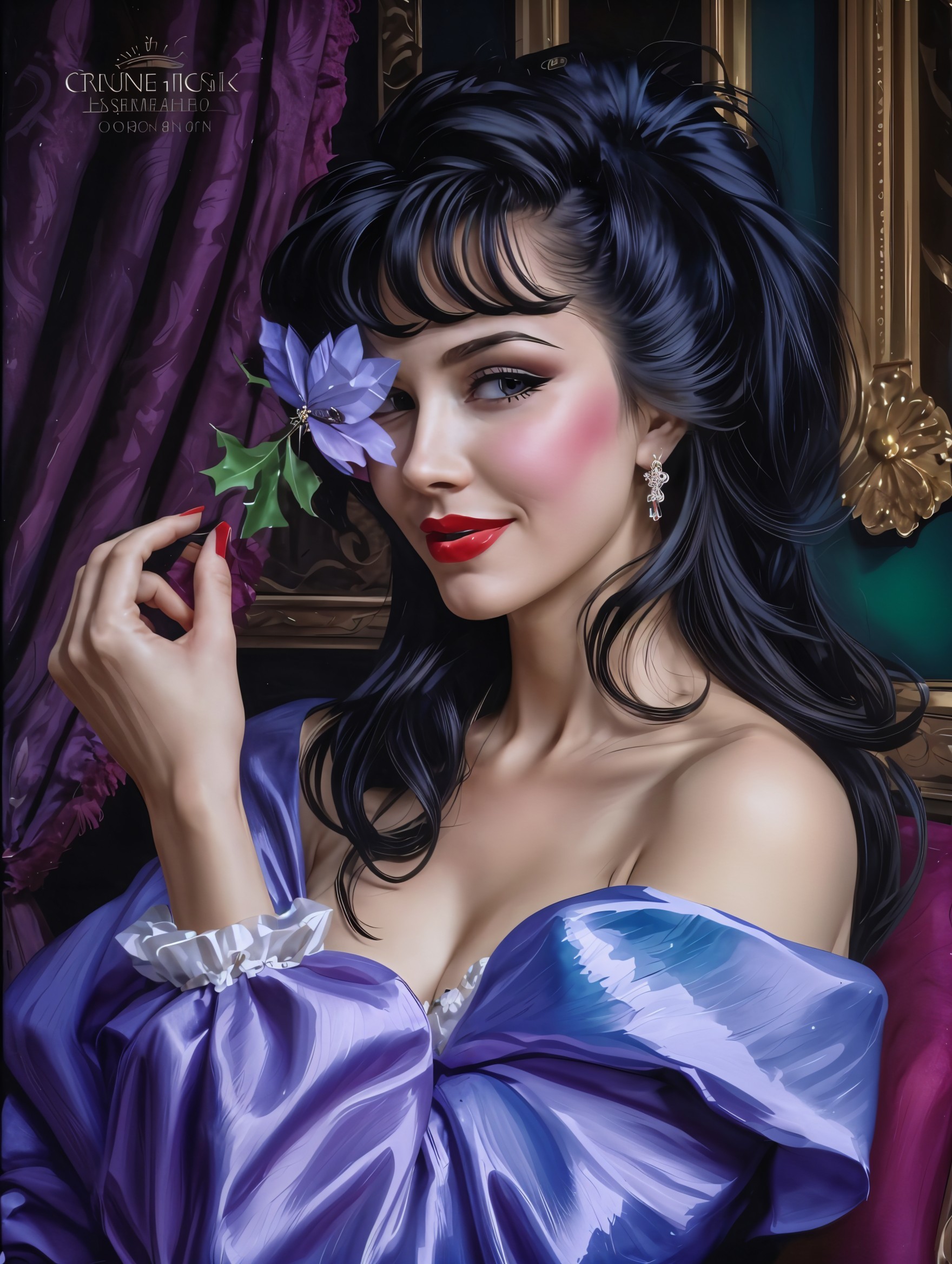 Glamorous Woman in Purple Gown with Flower Portrait