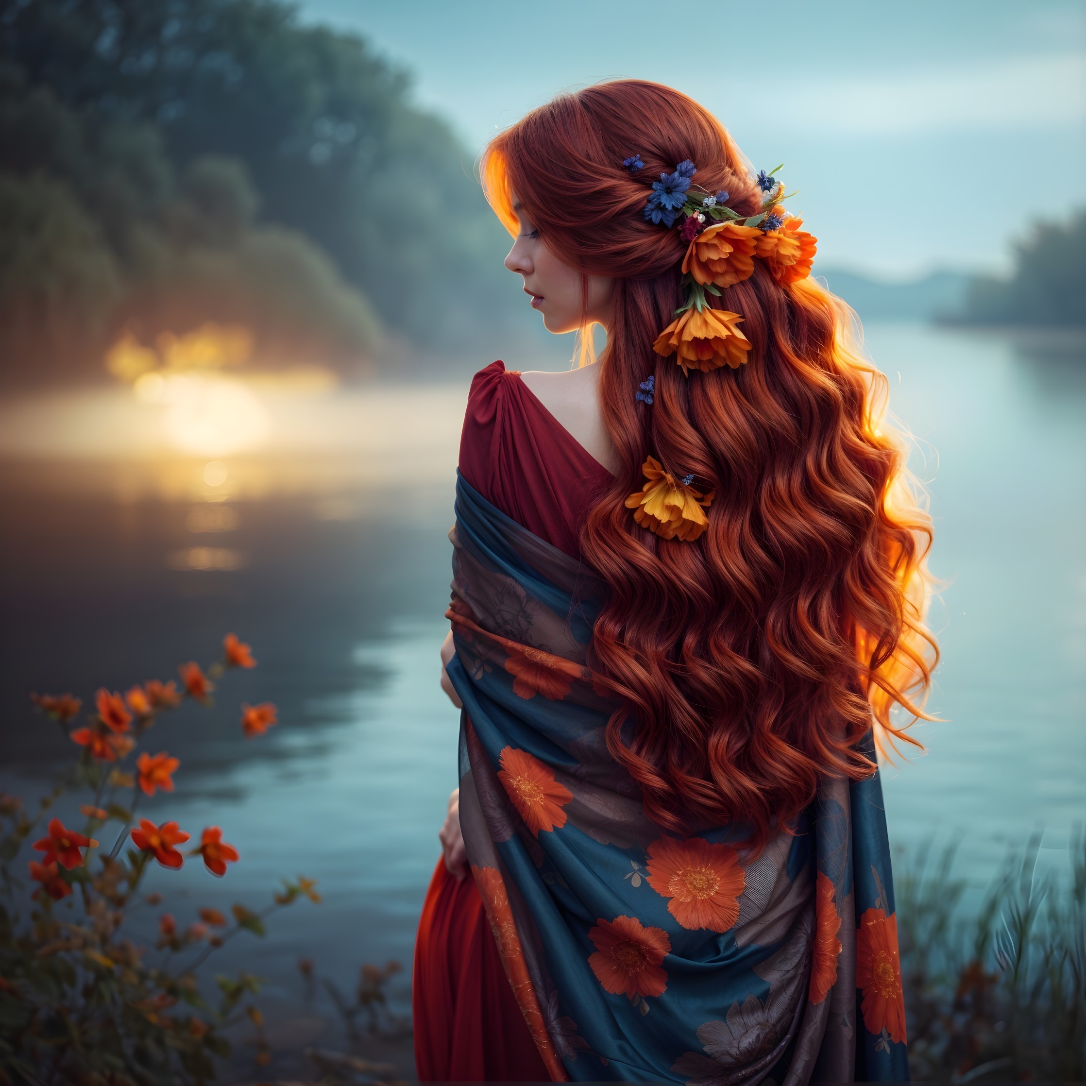Woman with Red Hair by a Serene River at Dawn