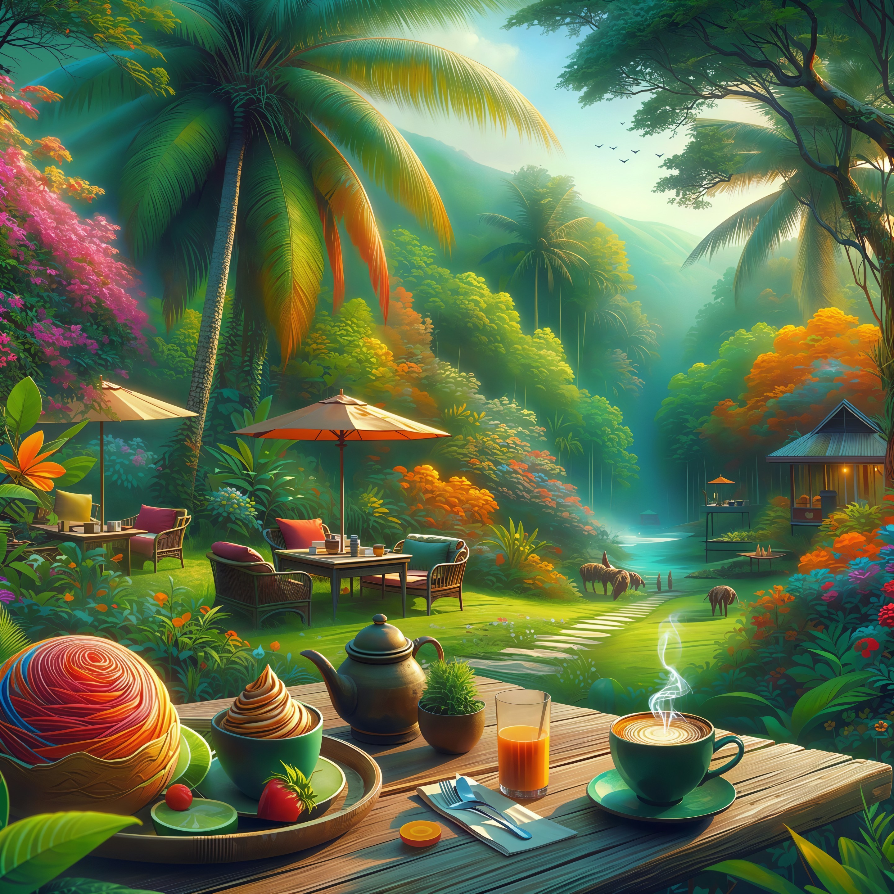 Tropical Garden Table Setting with Colorful Treats