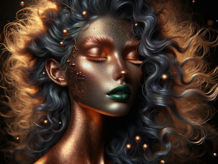 Close-Up Portrait of a Woman with Metallic Features