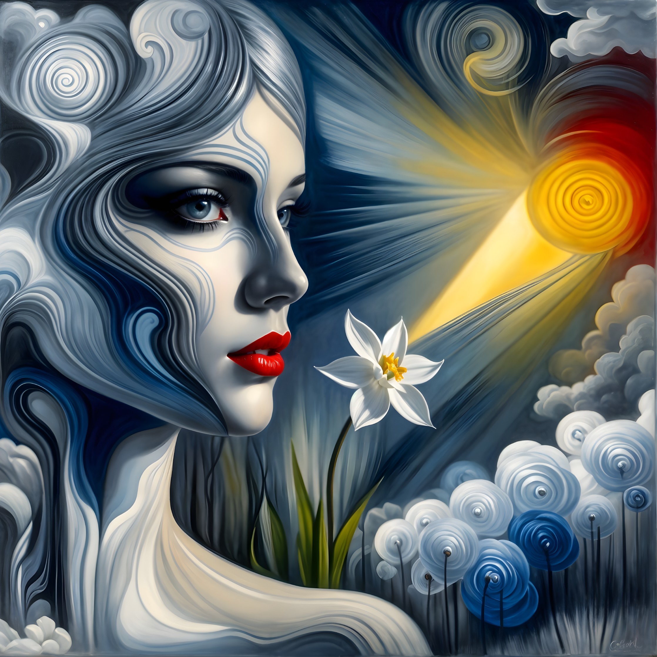 Stylized female face with swirling hair and sun backdrop