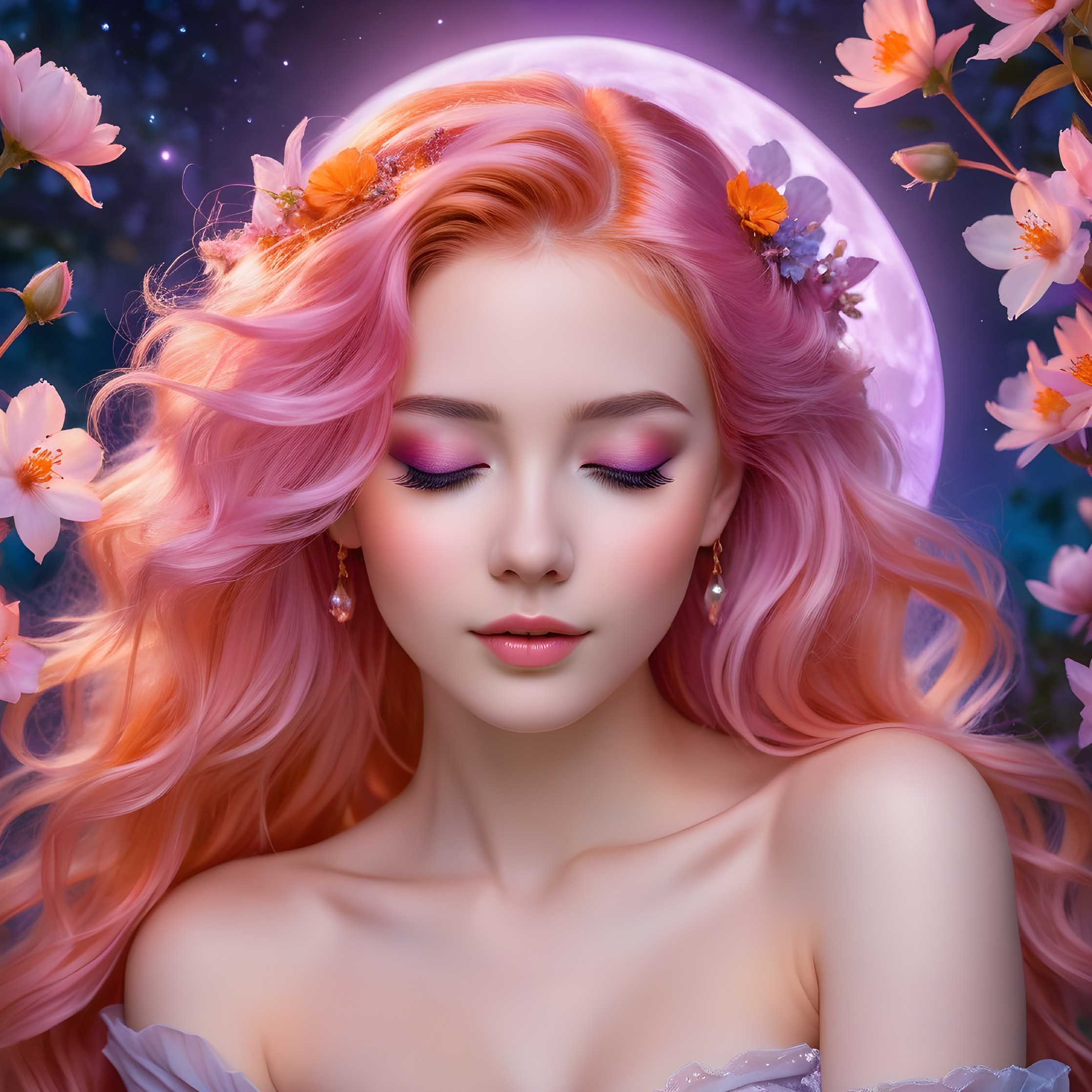 Serene girl with pink hair and cherry blossoms at night